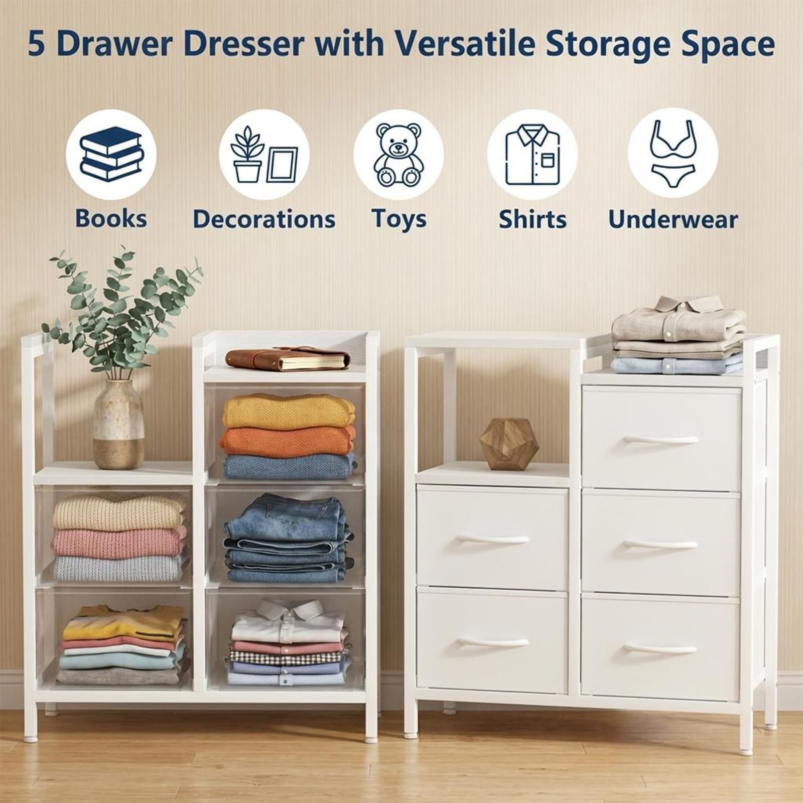 Aktenschrank 5 Schubladen, passend für A4, 63×29×72 cm | Rollbarer Büroschrank mit 5 Stoff-Schubladen und offenem Ablagefach, Druckerständer aus Metallrahmen und MDF-Platte