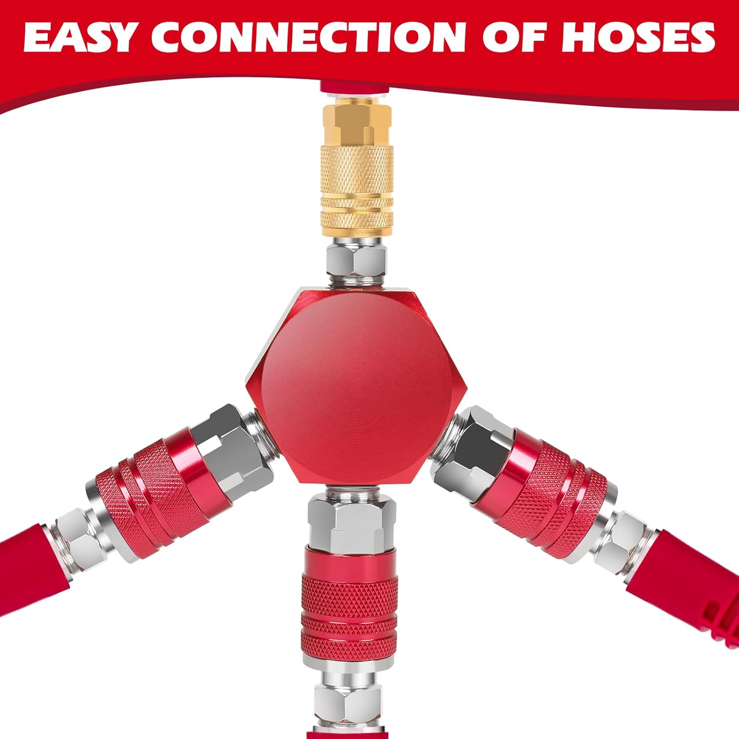 Quick Connect Fittings Air Splitter, 1/4 Inch NPT 3-Way Air Manifold With 3 Pieces Industrial Quick 1/4NPT Couplers And Plug, Hex Style Air Compressor Hose Accessories Connect Fitting
