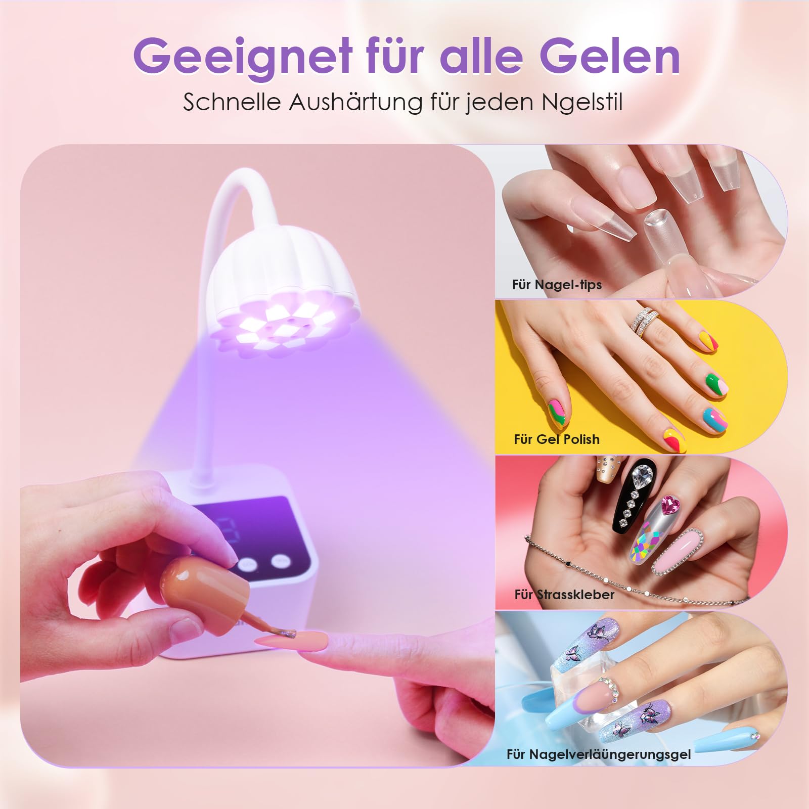 Delanie Mini UV Lampe für Nägel Schnelltrocknung mit Auto Sensor & Anzeige, Wiederaufladbare Nagel UV Lampe Schwanenhals 360° einstellbar mit 4 Timer-Modus, tragbare UV Nagellampe für Gelnägel