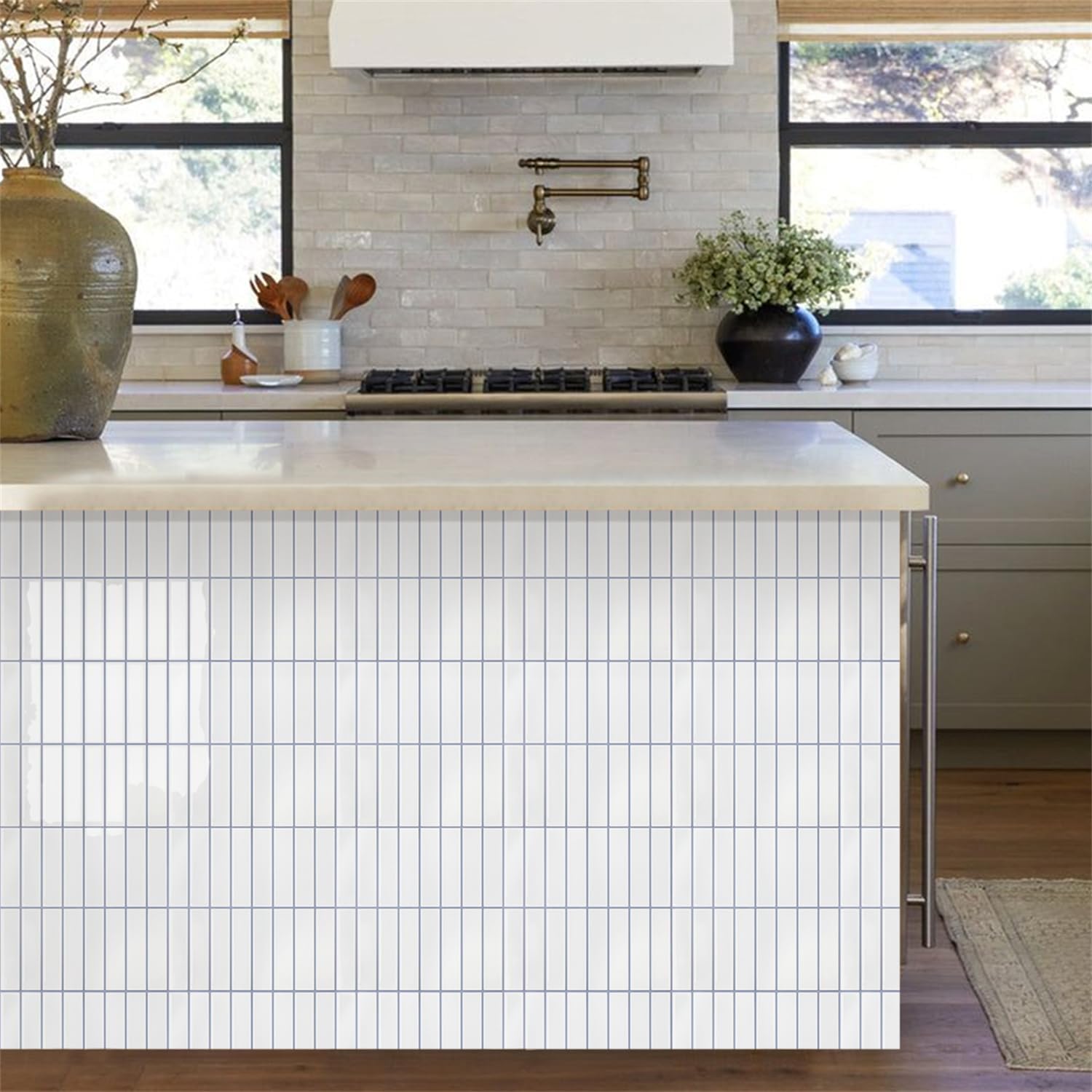 Commomy Peel and Stick Backsplash Tile - 10 Pcs of 12'' x 12'' Vertical 3D Stick on Tiles for Kitchen and Bathroom Interior Wall Tile, White (Glossy Surface, White with Gray Grout, Covers 10 sq.ft)
