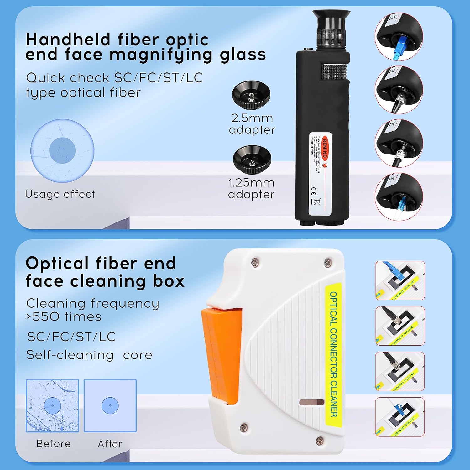 13 Piece kit Fiber Optic Cleaning Tool kit with 400x Optical Fiber Microscope Cleaner SC LC Cleaning Pen 2.5mm 1.25mm Interface Cleaning Box with Replace core Fiber Optic Cleaner kit