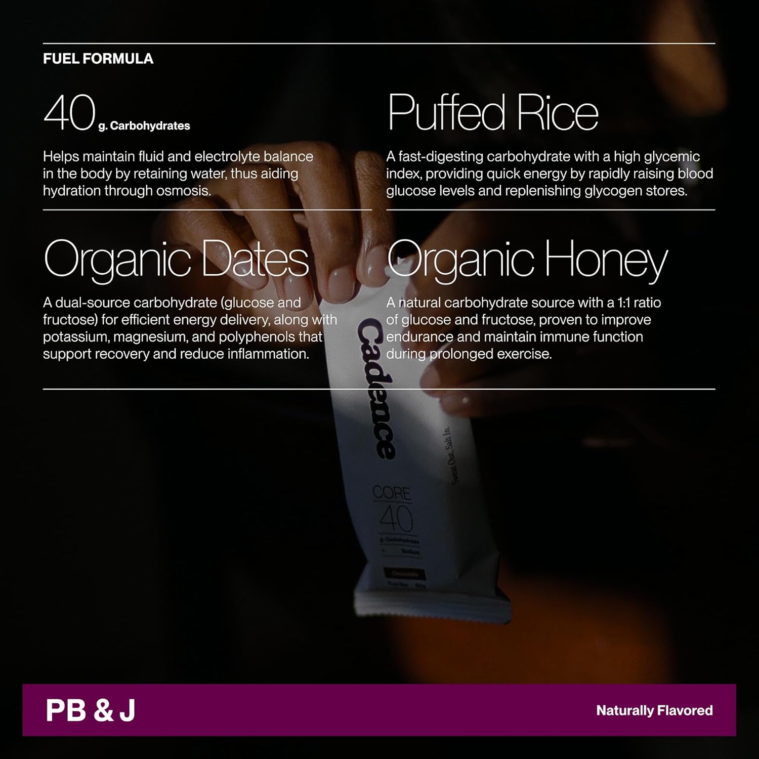 Cadence Peanut Butter & Jelly Energy Bar - Case (50g x 12) | 40g Carb Blend with Organic Dates & Honey | Electrolytes for Hydration & Recovery | Natural Ingredients | Vegan-Friendly Fuel for Endurance Sports