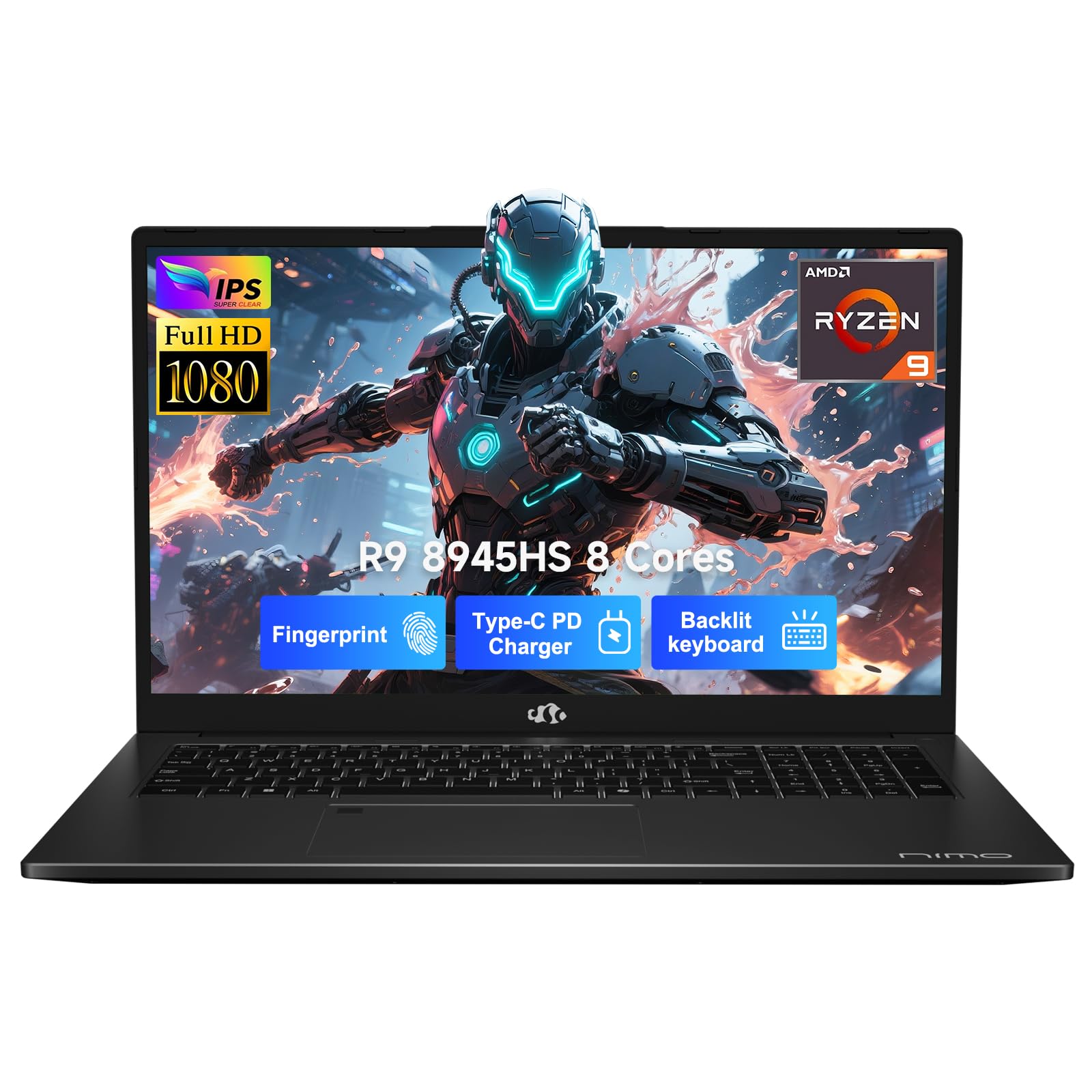 NIMO 17.3 Gaming-Laptop Ryzen 9 8945HS (>i9-13900H) 32GB RAM, 2TB SSD, Radeon 780M, USB-C 4.0 AI-Enhanced for Copilot VR Ready, PD 100W Backlit KB Fingerprint Unlock, Gaming Student Office Business