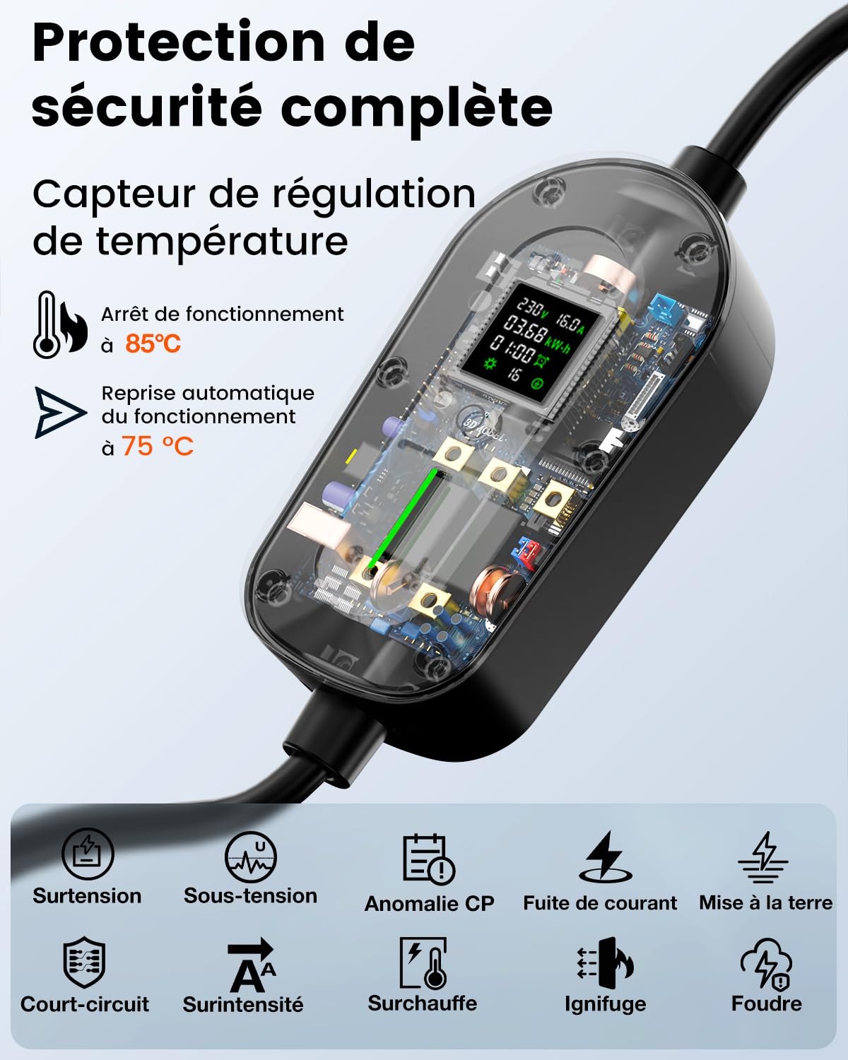 EzGoGo Chargeur Voiture Electrique 3,68 KW, 7 m, 6-16 A, Cable Recharge Voiture Electrique Type 2 avec écran LCD réglable & Indice IP65, pour Toutes Voitures électriques et PHEV (Norme IEC 62196-2)