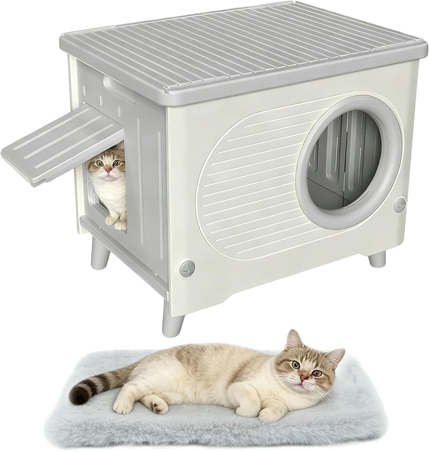 Outdoor Cat House Weatherproof, Insulated Heavy-Duty Plastic Feral Cat Shelter with Escape Door & Rain Curtain, Elevated Stackable Cat House for All Seasons Indoor Outdoor with Cozy Cushion