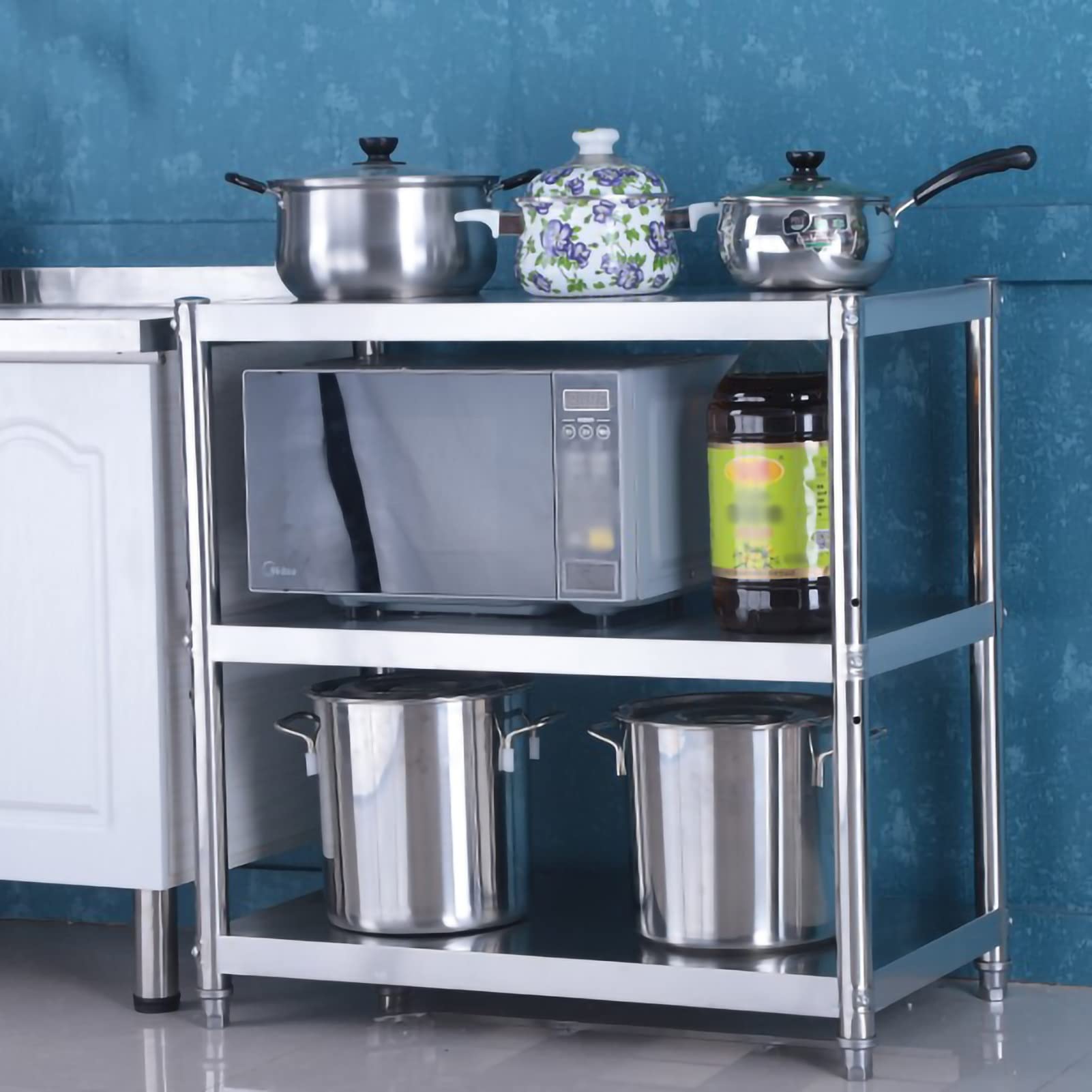 GTHTUHFD Stainless Steel Multi-Layer Kitchen Shelf Rack - Utility Storage Organizer For Spices, Pots, Pans, Plates & Microwave Oven - Space-Saving Cabinet Solution - Silver,Silver-80x40x80cm
