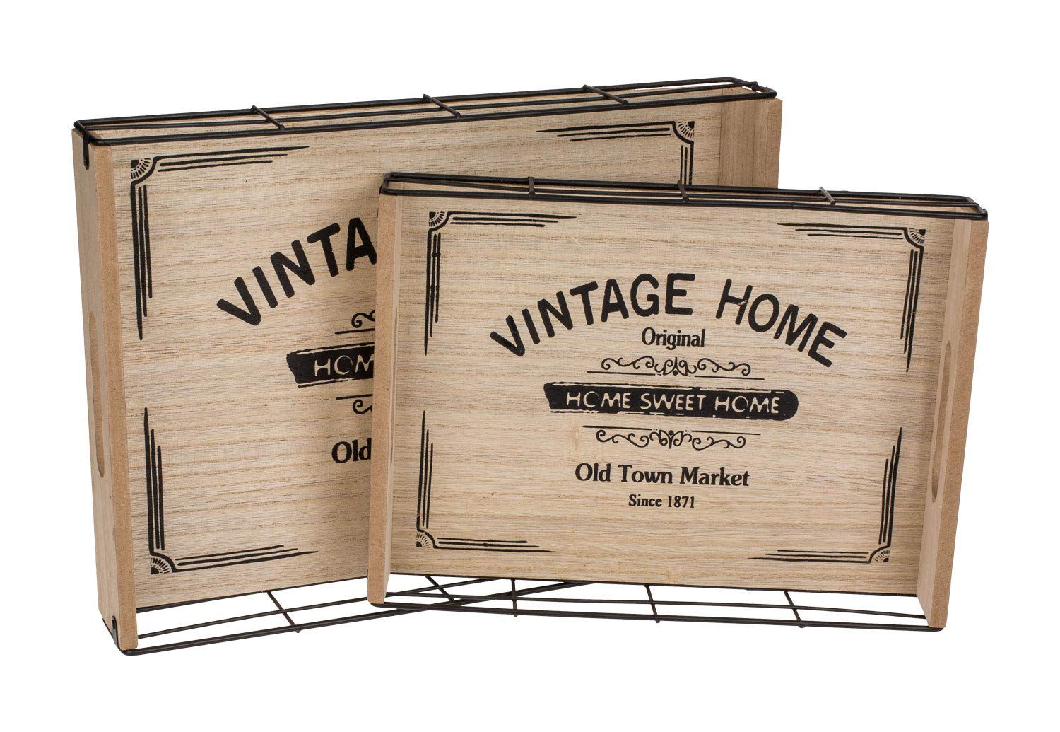 ootb Lot de 2 plateaux avec inscription « Vintage Home » en bois et métal, env. 34 x 24,8 cm et env. 28 x 20 cm