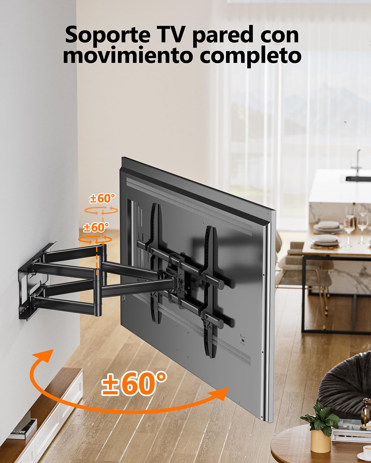 Soporte TV Pared para Pantallas Planos y Curvos de 60-120 Pulgadas, Soporte Pared TV Movimiento Completo Inclinable y Giratorio con Brazos Dobles, Máximo VESA 1000x600 mm hasta 125 kg