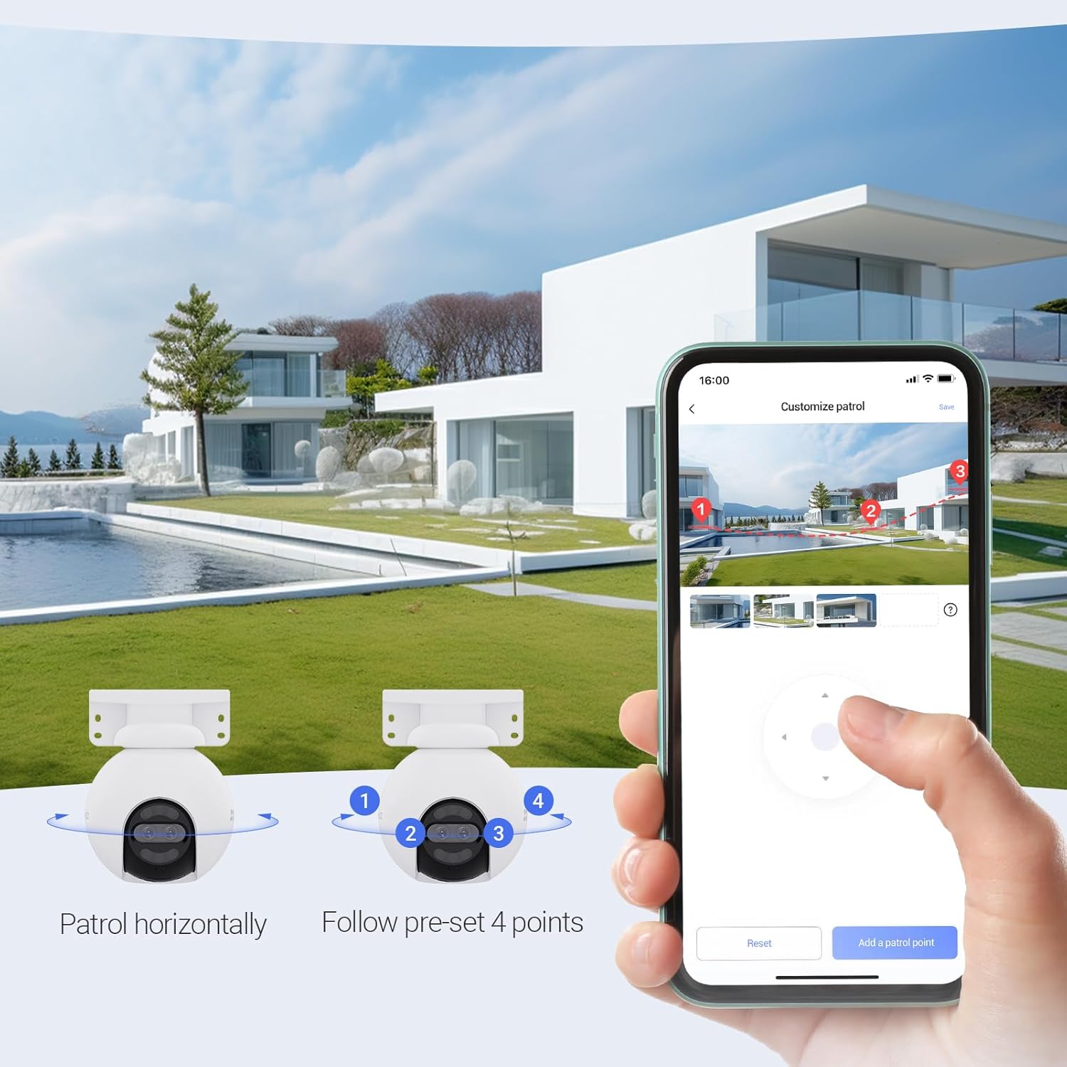 EZVIZ camera with weatherproof design, showing rain and snow icons