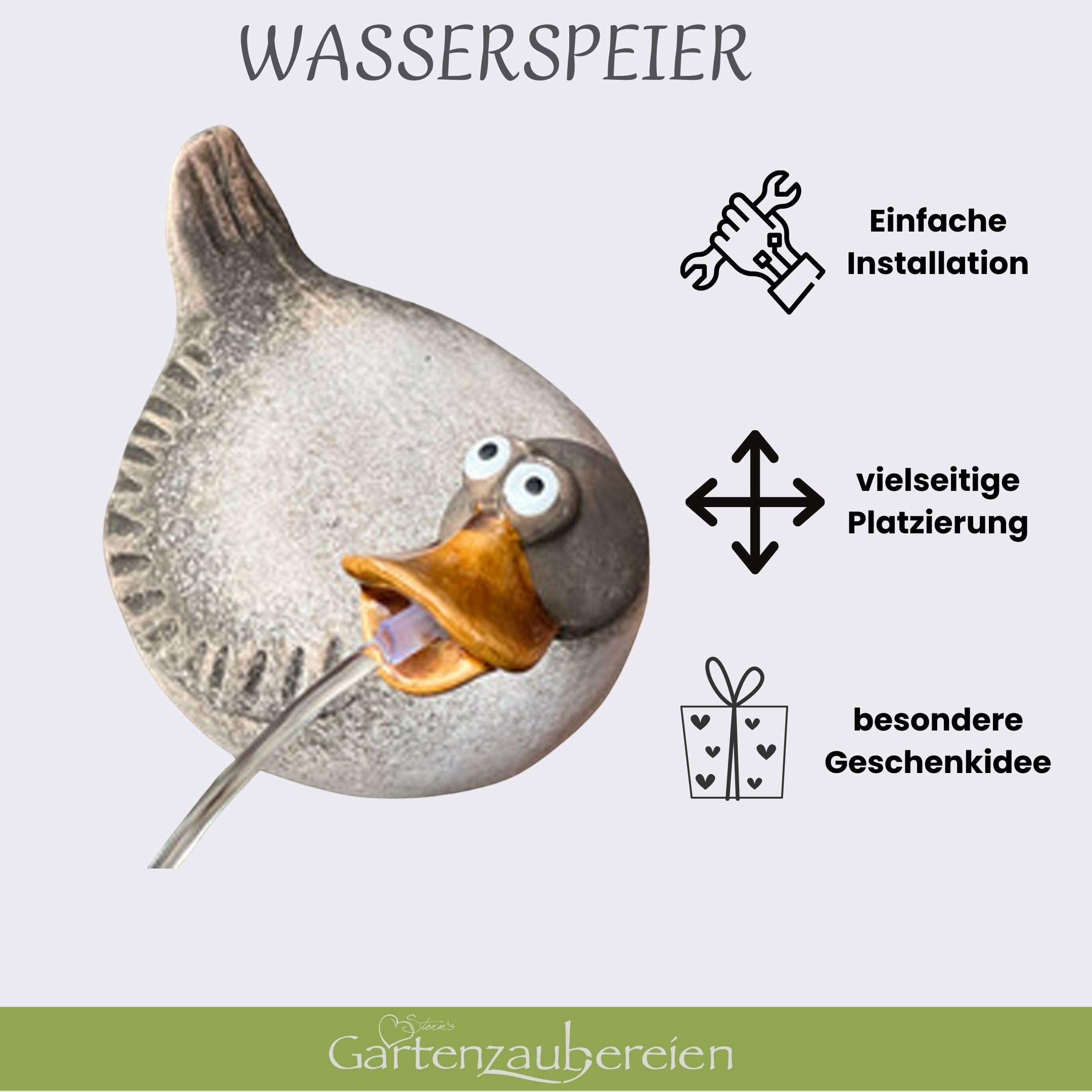 Storm's Gartenzaubereien Solar Wasserspeier Ente - Keramikfigur für Teiche und Miniteiche - 17cm x 12cm - Handbemalt, Wetterfest - für Gartendeko und Balkon