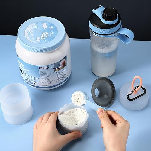 Miniatura 4 de Baderke Recipiente de proteína en polvo de 2 piezas con soporte de embudos, 4 dispensadores de polvo de proteína apilables a prueba de fugas,