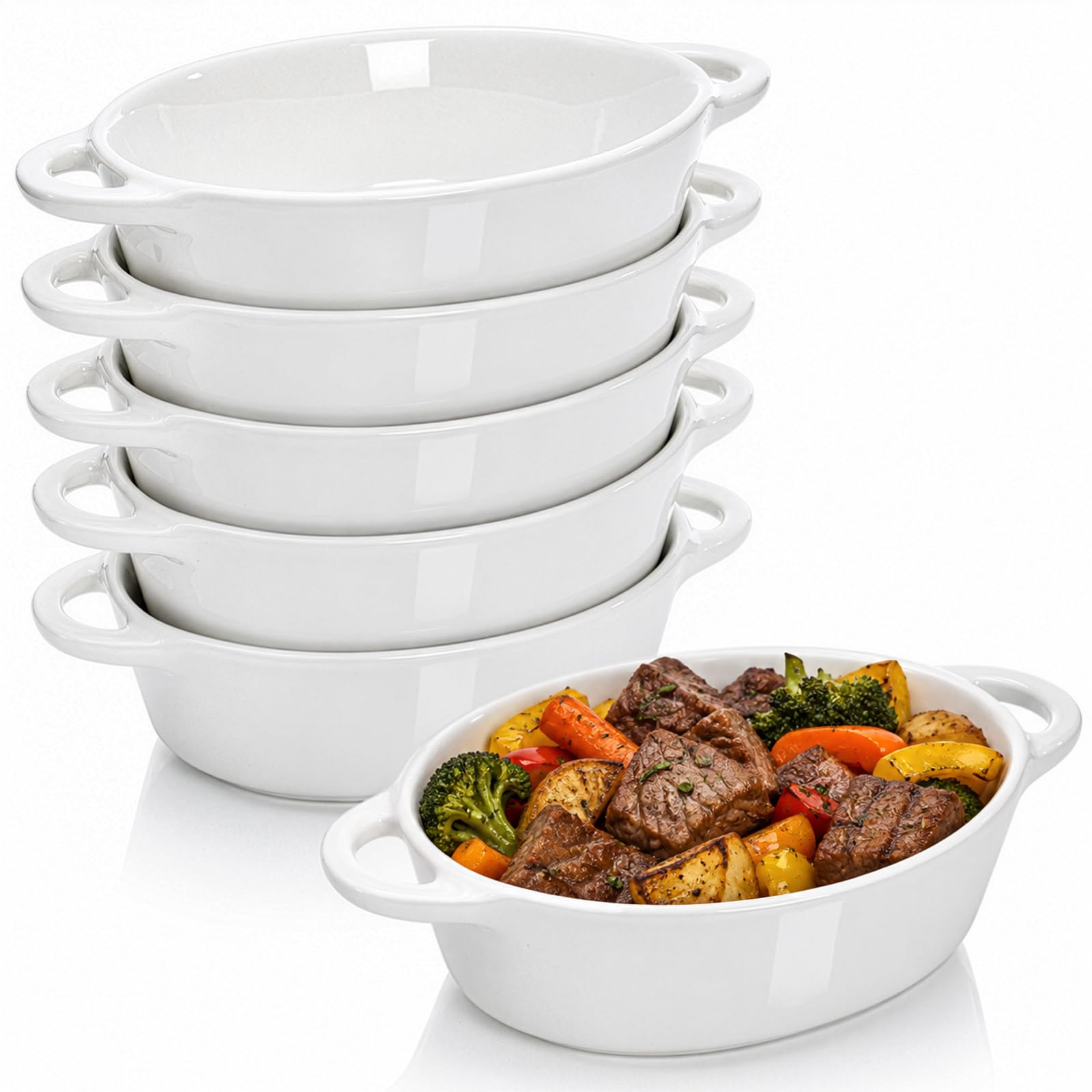 Foraineam Paquete de 6 ramequines de porcelana, 10 onzas, ovalados, de cerámica, para crema, brulee, soufflé, para hornear, ramequín con asas dobles