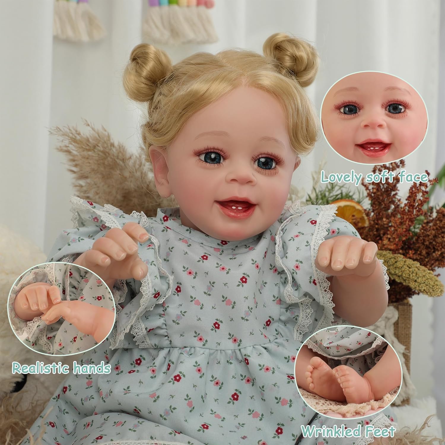 Realistic Reborn Baby Doll Girl, 22 inch Lifelike Baby Dolls That Look Real Life Size Laughing Muñecas para Niñas Soft Cloth Body Vinyl Limbs & Teeth Curly Blonde Hair for Kids Age 3+ Gift