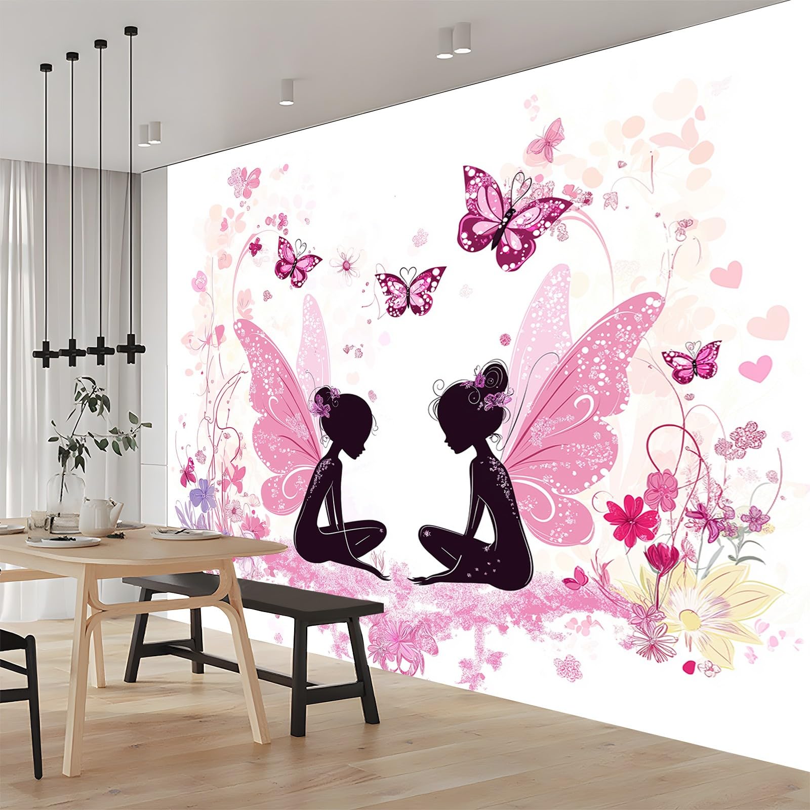 Générique Papier Peint intissé Fille Papillon Rose Dessin Animé 350x256 cm Papier Peint Photo Panoramique, Poster Geant Mural Personnalisé 3D, pour Salon Cuisines Chambre Adulte Enfant Décor Murale