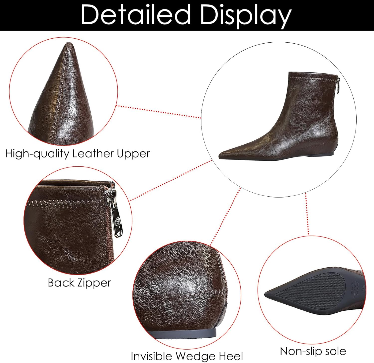 Women's Leather Stitching Details Invisible Wedge Ankle Booties Retro Handmade Pointed Toe Invisible Height Increasing Back Zippers Flat Dress Short Boots for Work Walking - Image 5