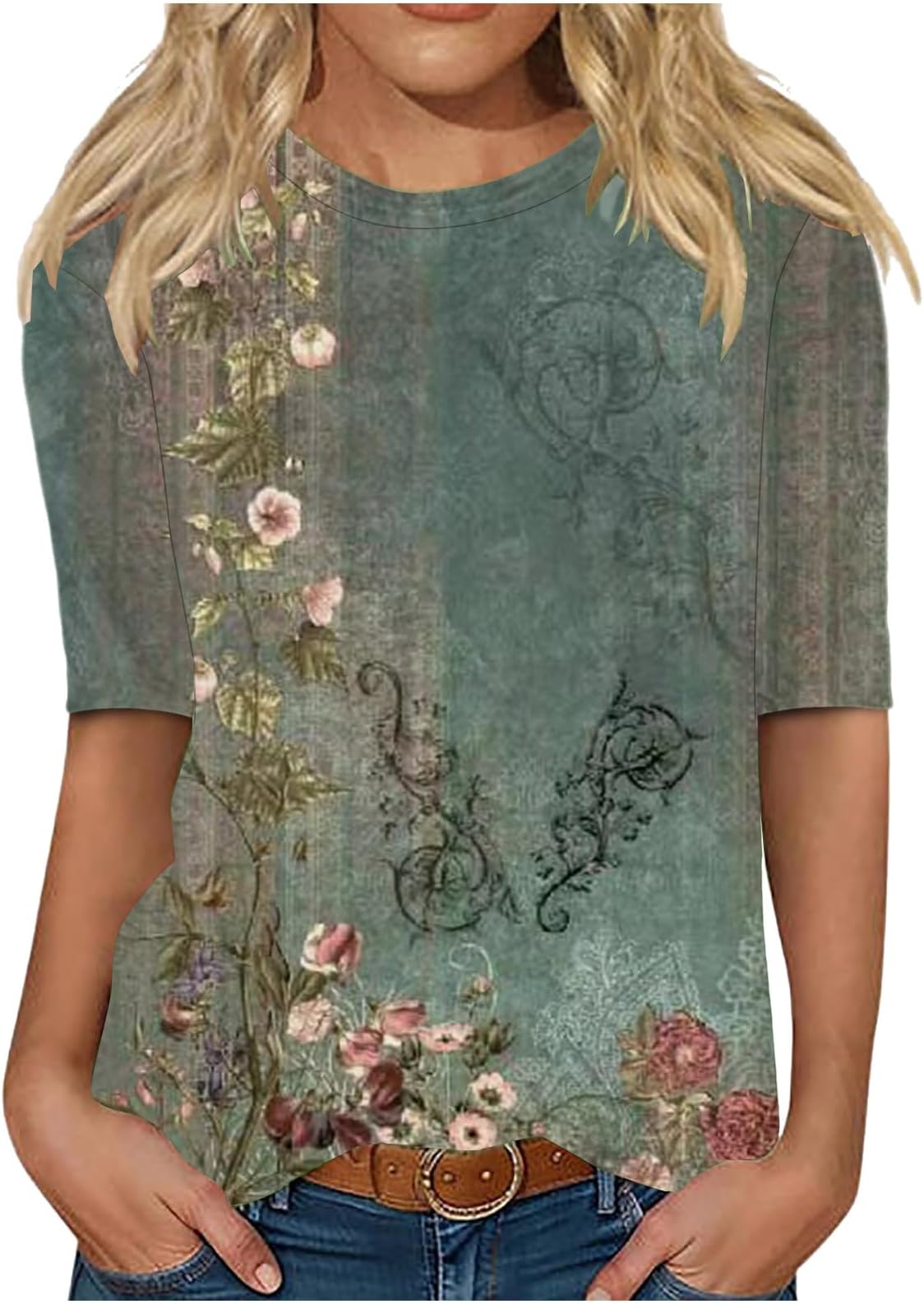 LRMQSWomens Casual Floral Elbow Sleeve Tshirts Vintage Bohemian Crew Neck Tee Shirt Boho Peasant Blouses Clothing