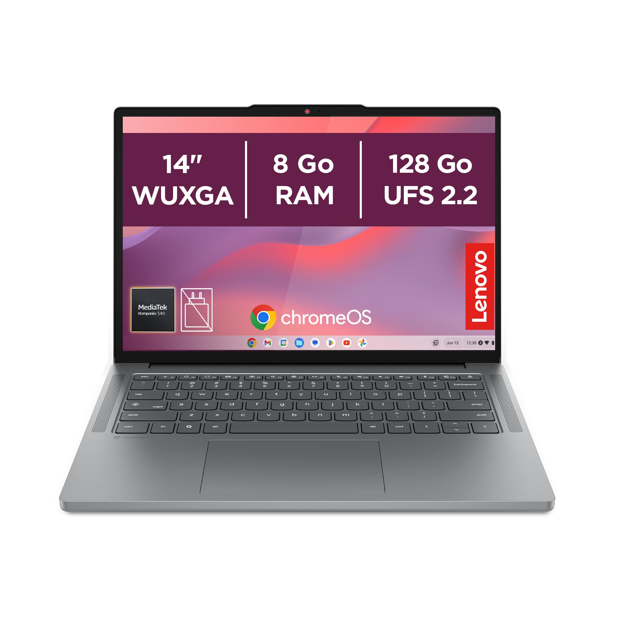 Lenovo Chromebook 14M8911 - Ordinateur Portable 14'' WUXGA (MediaTek Kompanio 540, RAM 8Go, SSD 128Go, Arm Mali-G57 MC2 GPU, Chrome OS) Clavier AZERTY Français - Gris Luna
