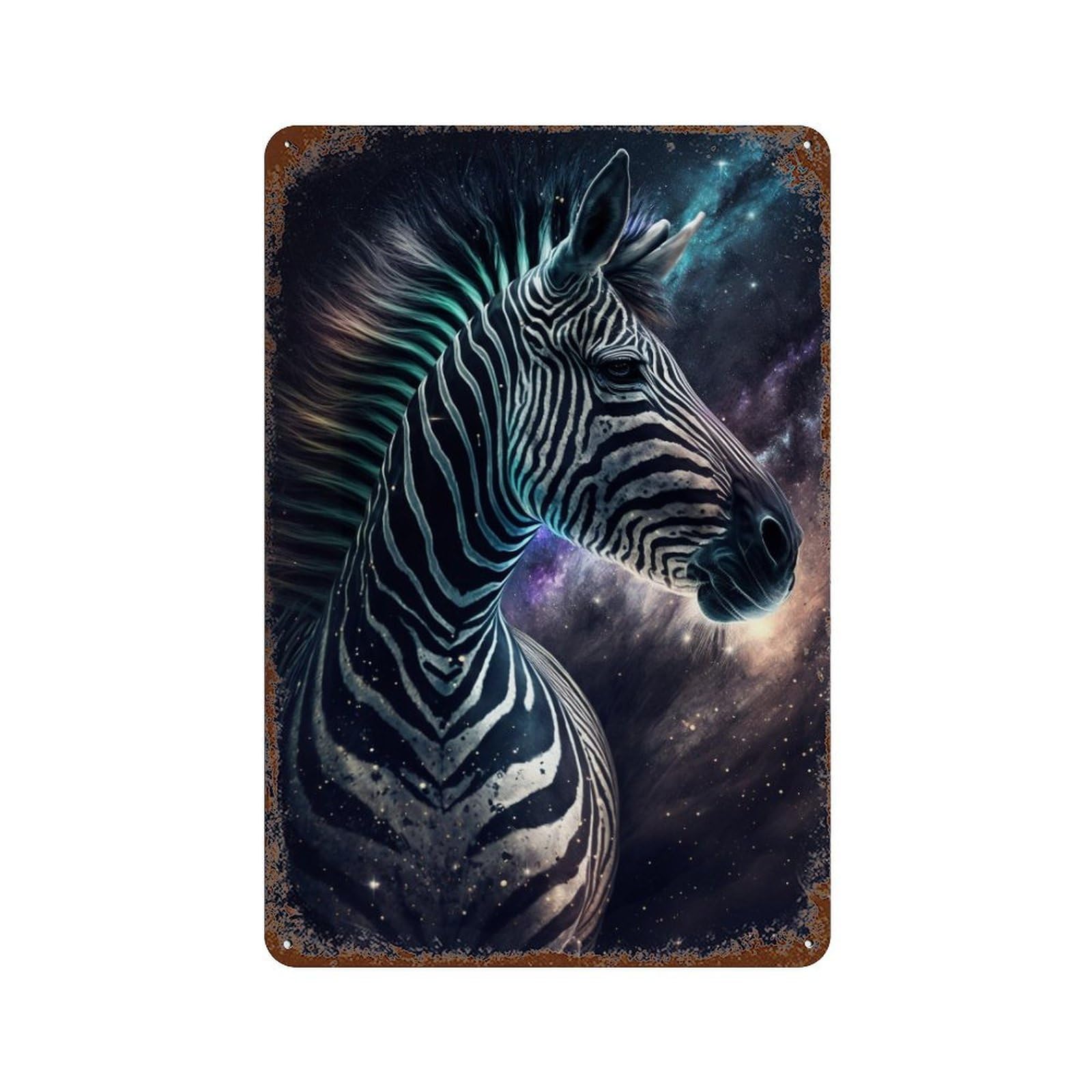 Cosmic Zebra Portrait-2 11.8"x7.9" Rust Effect Tin Sign, Vintage Wall Decor for Farmhouse, Kitchen And Entryway Decor
