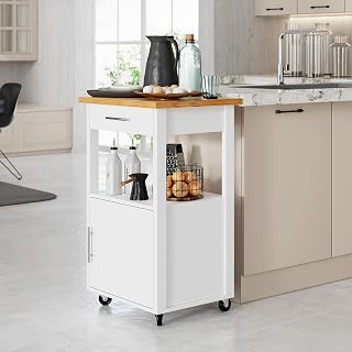 Shintenchi White Kitchen Island Cart with Storage, Rolling Side Table on Wheels, Single Door Cabinet & Drawer for Dining Room