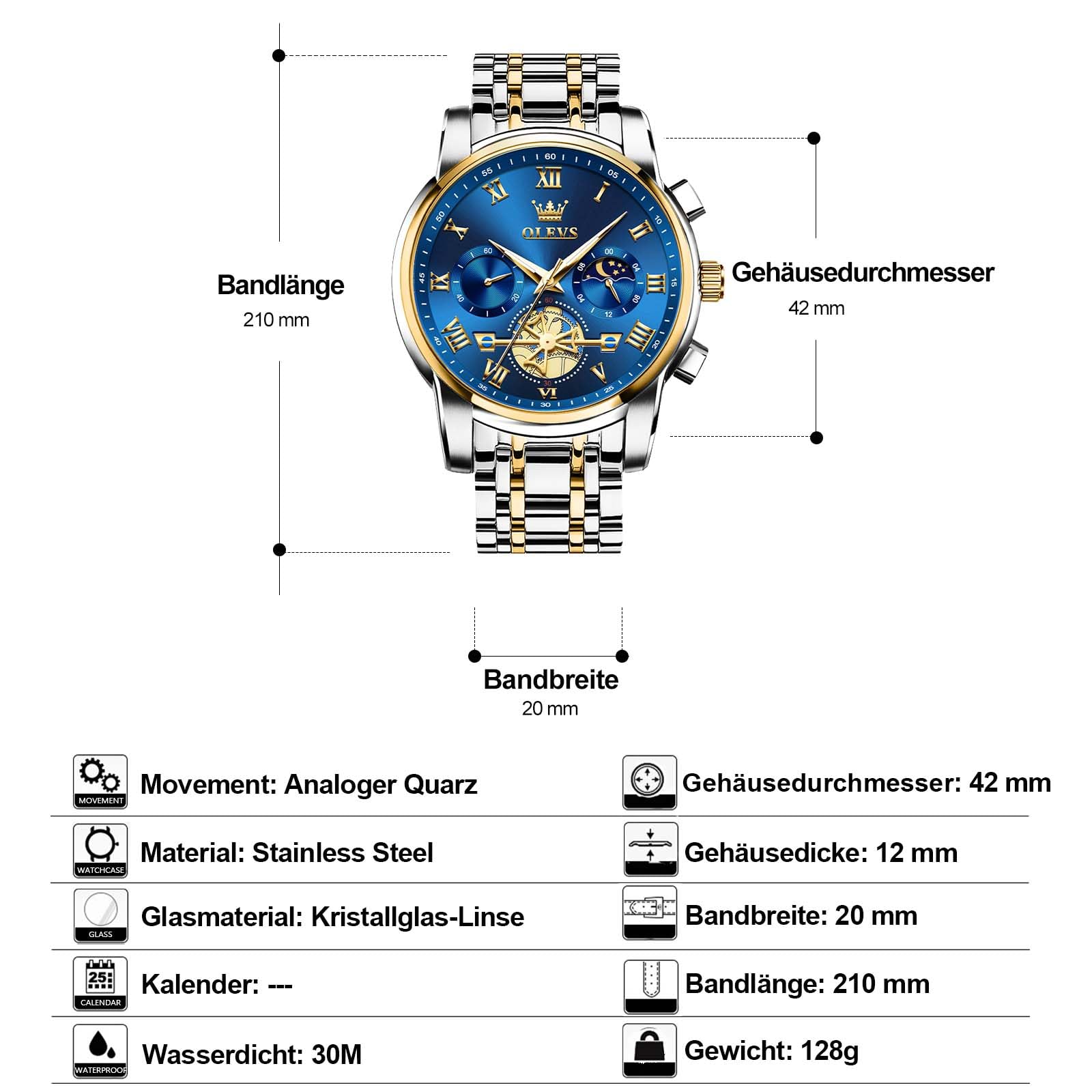 OLEVS Uhren Herren Chronograph Wasserdicht Analog Quarz Uhr Herren Mode Lässig Business Leuchtend Edelstahl Großgesicht Herrenuhr