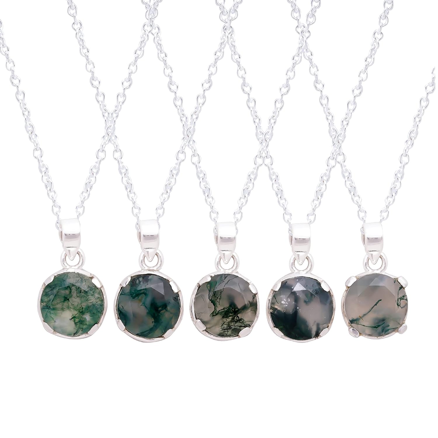 Real Moss Agate Round Gemstone Dainty Pendant Necklace, Healing Chakra Stone, Birthstone, Natural Crystal, Women Jewelry, 925 Sterling Silver Chain 18 inch (1 pendant only) - Image 3