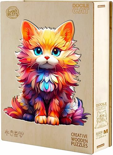 Miniatura 8 de Rompecabezas de madera, con forma de gato dócil, 90 piezas de 7.9 x 6.9 pulgadas. Rompecabezas ecológico con forma de animal único, regalo de