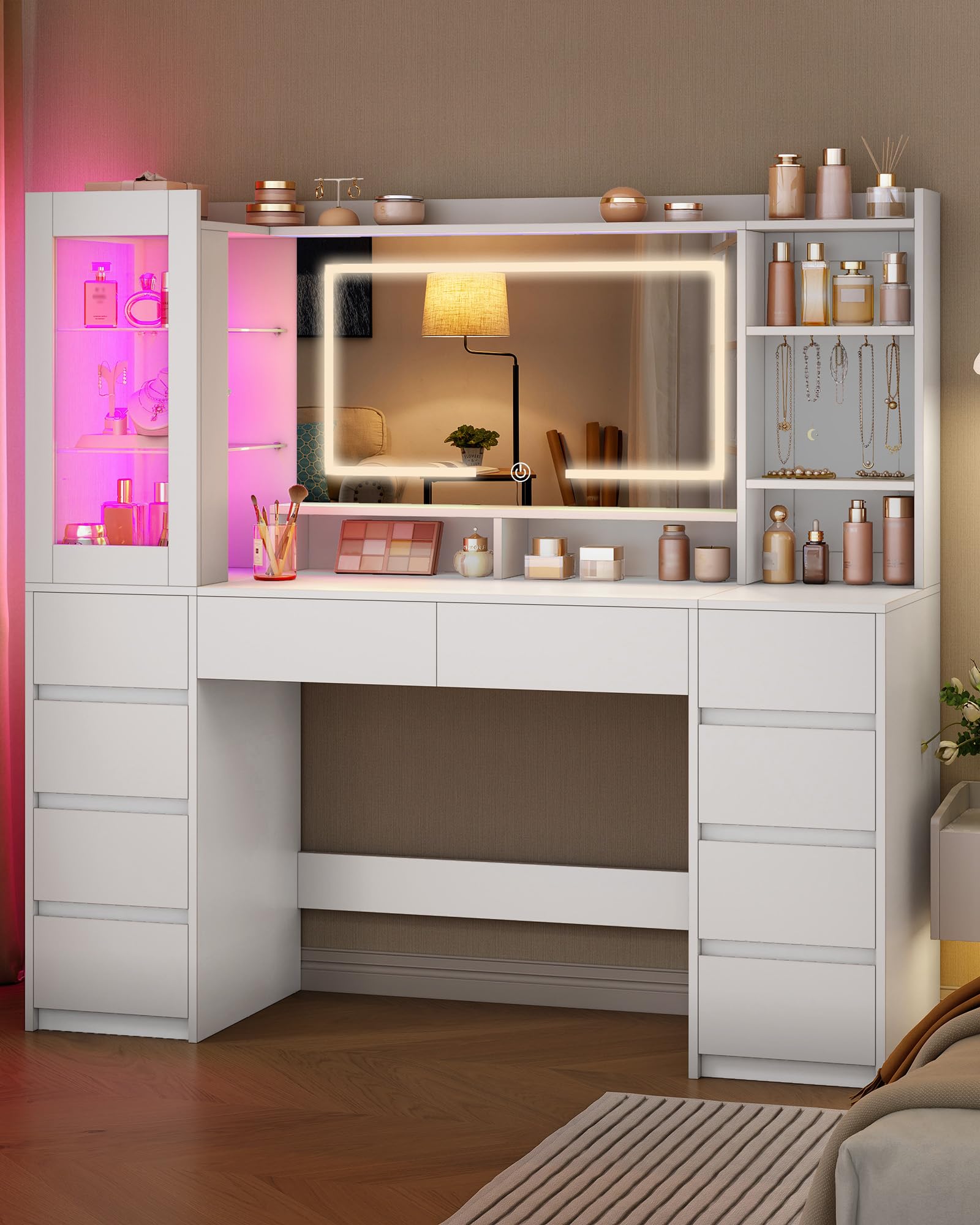 Hzuaneri 140 cm Toeletta Trucco, Postazione Trucco con Grande Specchio HD, Striscia Luminosa RGB, 10 Cassetti, 9 Scaffale Portaoggetti, per Camera da Letto, Ufficio, Bianco 1150003XEU