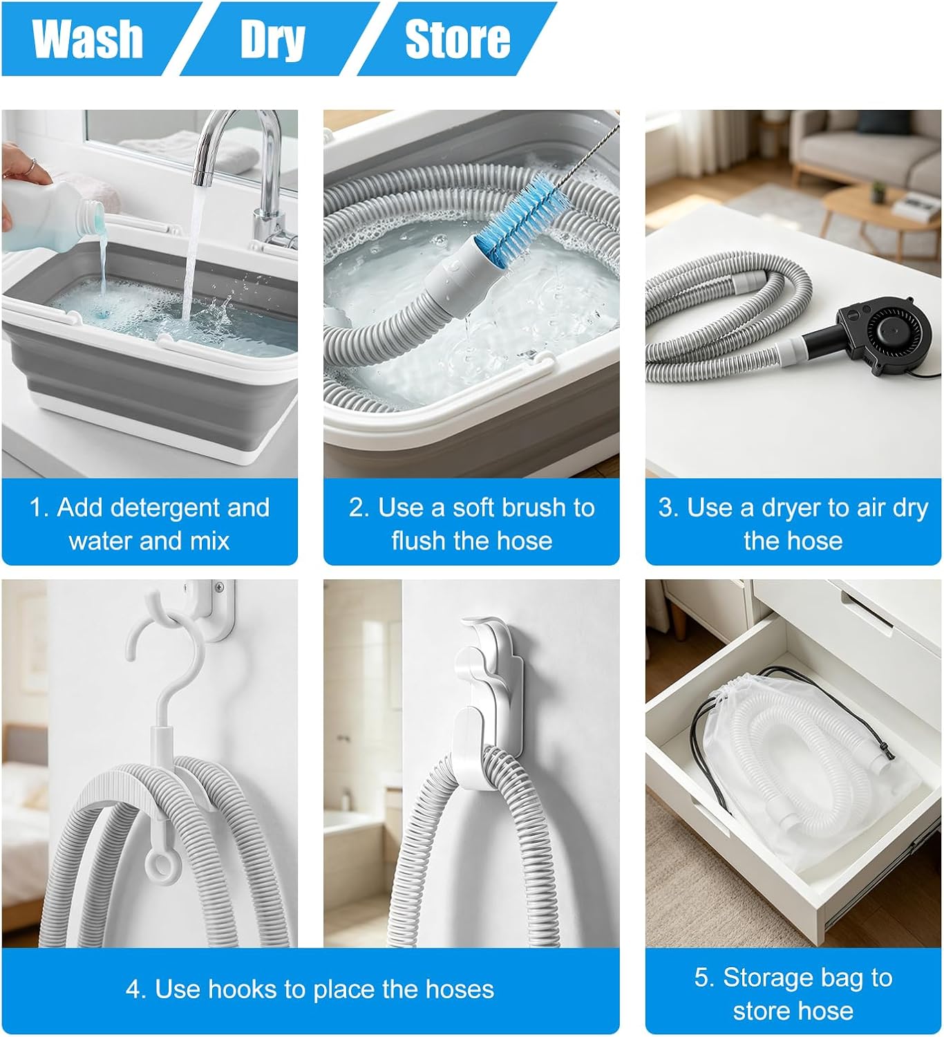 CPAP Hose & Mask Cleaning Kit 11Pcs for Hose & Mask, with Variable-Speed Hose Dryer, Collapsible Wash Basin, Hanger, Long Brush, and Carry Bag, for 22mm & 15mm Tubing