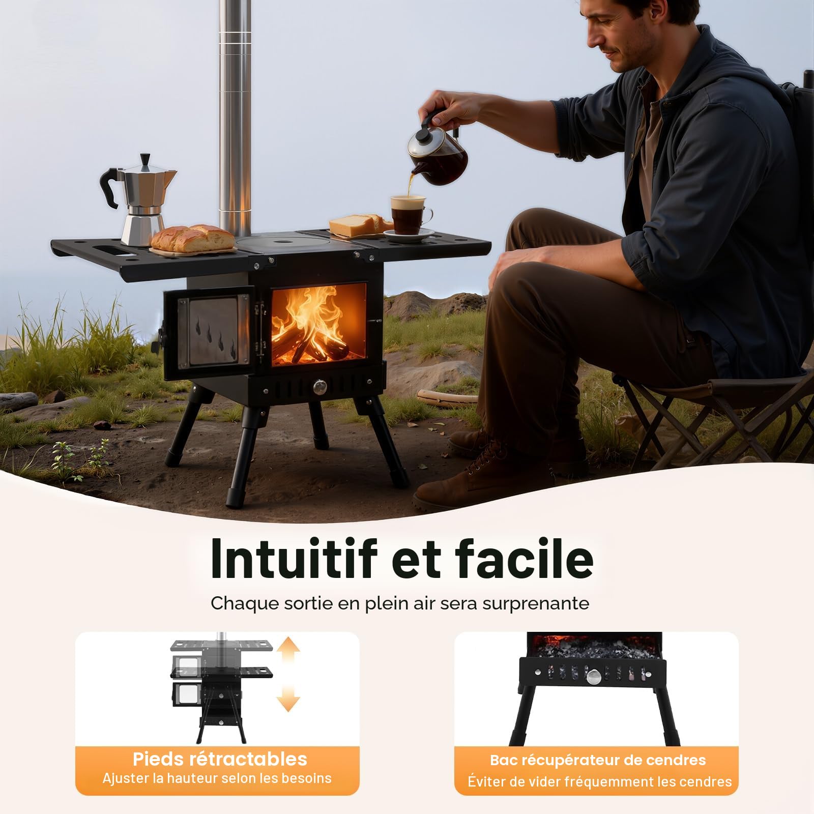 Four de tente, four de camping portable, four de tente avec tube et gants, 31,5 x 22 x 21 cm, pour la cuisine et le chauffage en plein air