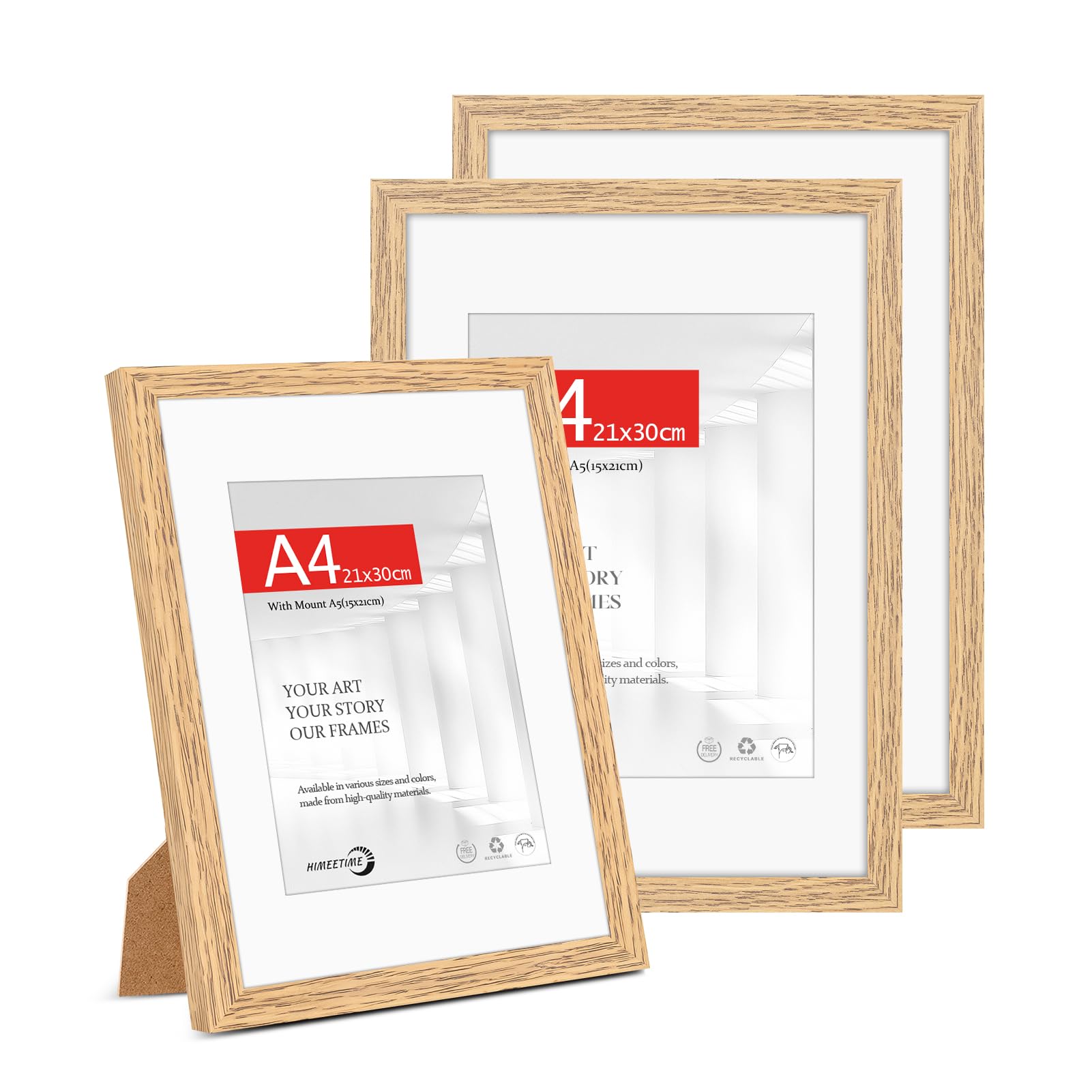 HIMEETIMEĀ® 3x A4(21x29.7cm) Picture Frame Natural Wood.A4 Photo Frame with Mount for A5(14.8x21cm) ā Includes HD Perspex and Stand for Tabletop or Wall Hanging