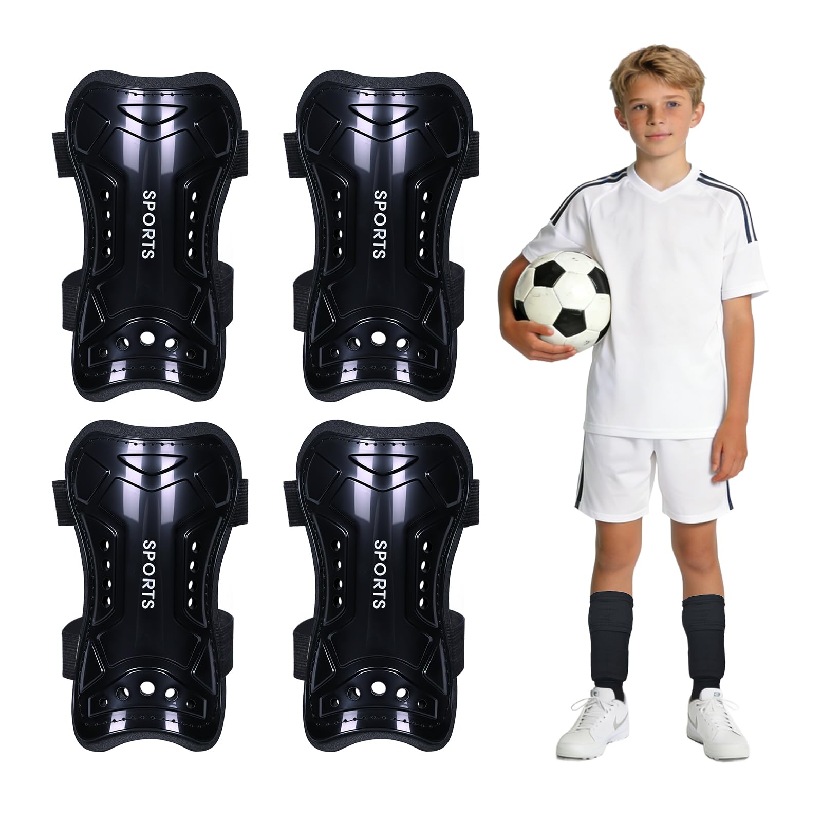 Espinilleras de fútbol para niños, 2 pares de equipo de fútbol juvenil con correas protectoras para niños y niñas, equipo de fútbol