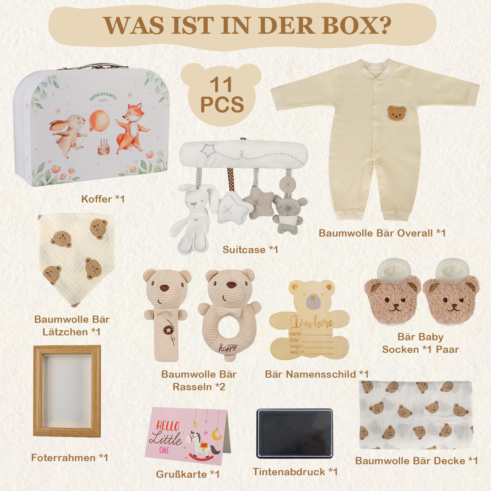Herefun Baby Geschenk Jungen Mädchen, Neugeborenen Geschenk zur Geburt, Babygeschenke Babyparty Shower Set mit Baby Strampler, Socken, Badetücher, Grußkarten, Greifling Rassel Spielzeug