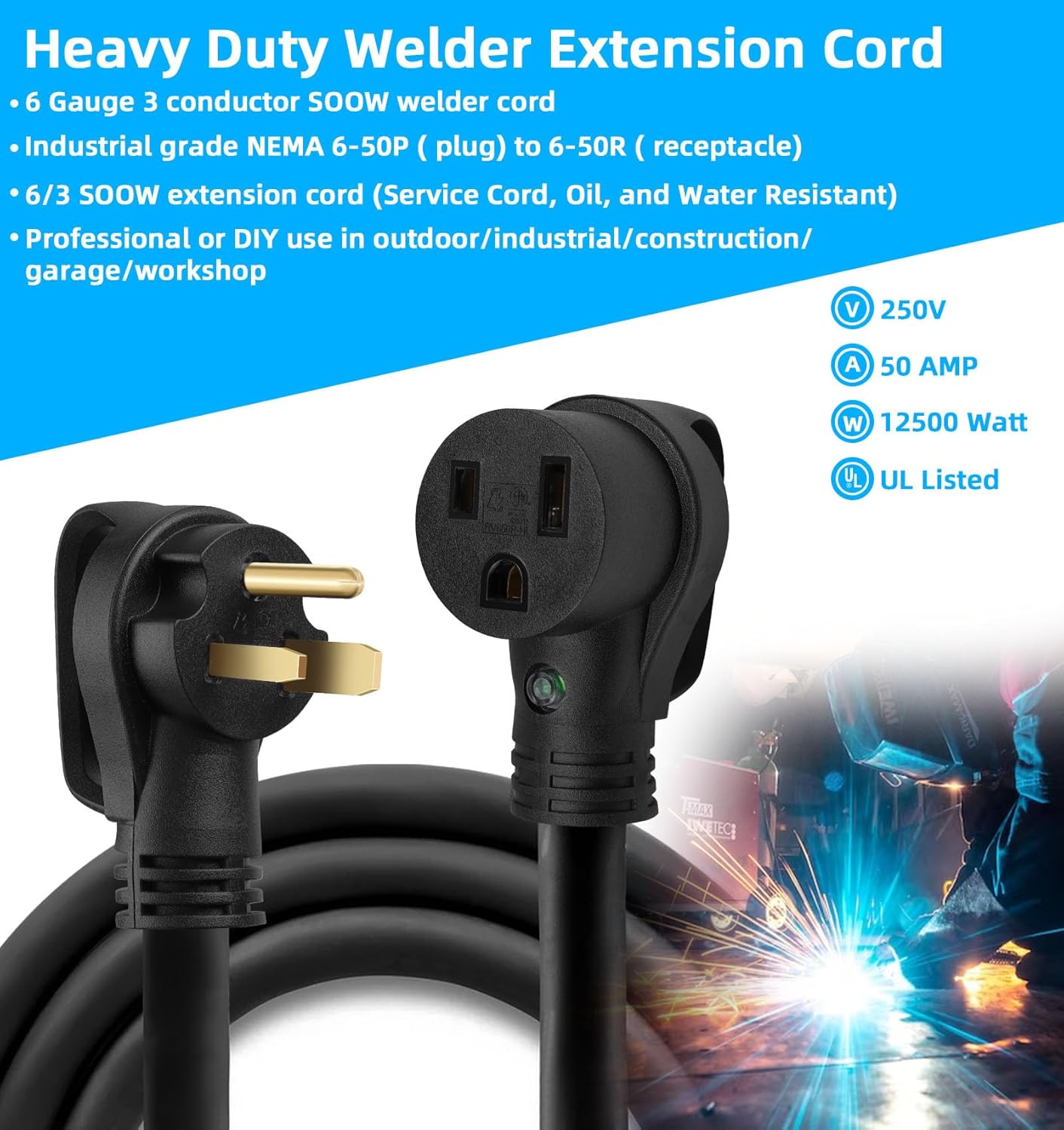 Welder Extension Cord 6 AWG 6/3 SOOW Cord,50 Amp Welding Power Extension 250V NEMA 6-50 Heavy Duty Welding Cable for MIG/TIG/Stick Welder Machine,Plasma Cutter,Car Charger Industrial Outdoor-15ft
