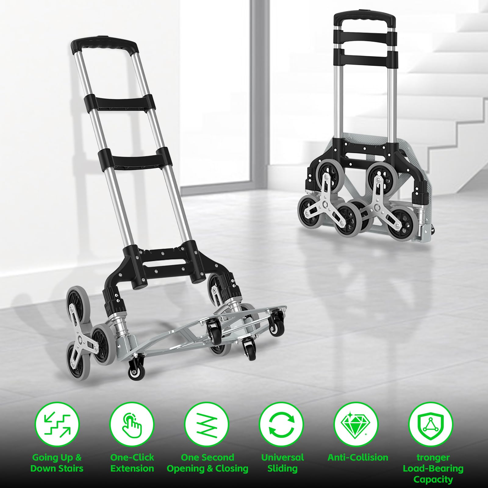 Carretilla Sube Escaleras Plegable, con Cuatro Ruedas Pequeñas Universales de 360° y 2 Piezas de Ruedas de Cristal, Mango Ajustable hasta 100 kg, Adecuada para Subir Escaleras, Mover, Transportar