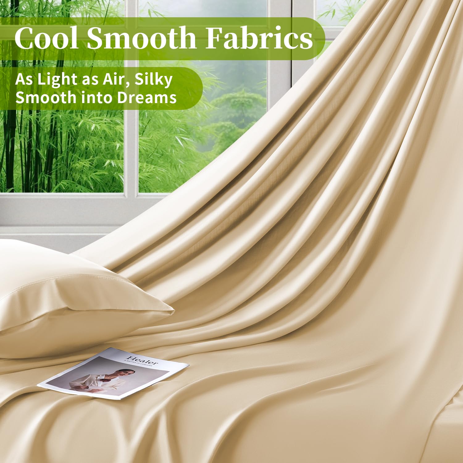 Shilucheng 100% Viscose Derived from Bamboo_ Sheets King Size 4pcs - Ultra Cooling & Silky Soft Bed Sheets, 16" Deep Pocket, Perfect for Hot Sleepers, Hotel Bedding Sheets (French Blue): 04 - Beige Full