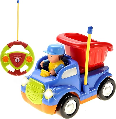 PowerTRC Camión de control remoto de radio de dibujos animados  Coche de construcción RC lindo con música y luz para niños pequeños (azul)