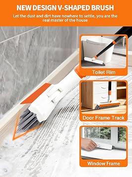4-in-1 Baseboard Cleaning Tool with Extendable Handle 5 Reusable Pads 1 Carpet Rake Stiff Bristle Brush Multi-Surface Baseboard Brush for Cleaning Baseboard Wall Carpet Floor Bathroom Kitchen Pet Hair