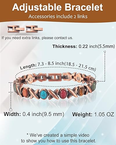Miniatura 4 de MagVIVACE Pulsera de cobre para mujer para artritis y articulaciones, pulsera magnética de cobre puro con 2 eslabones extraíbles, imán efectivo de