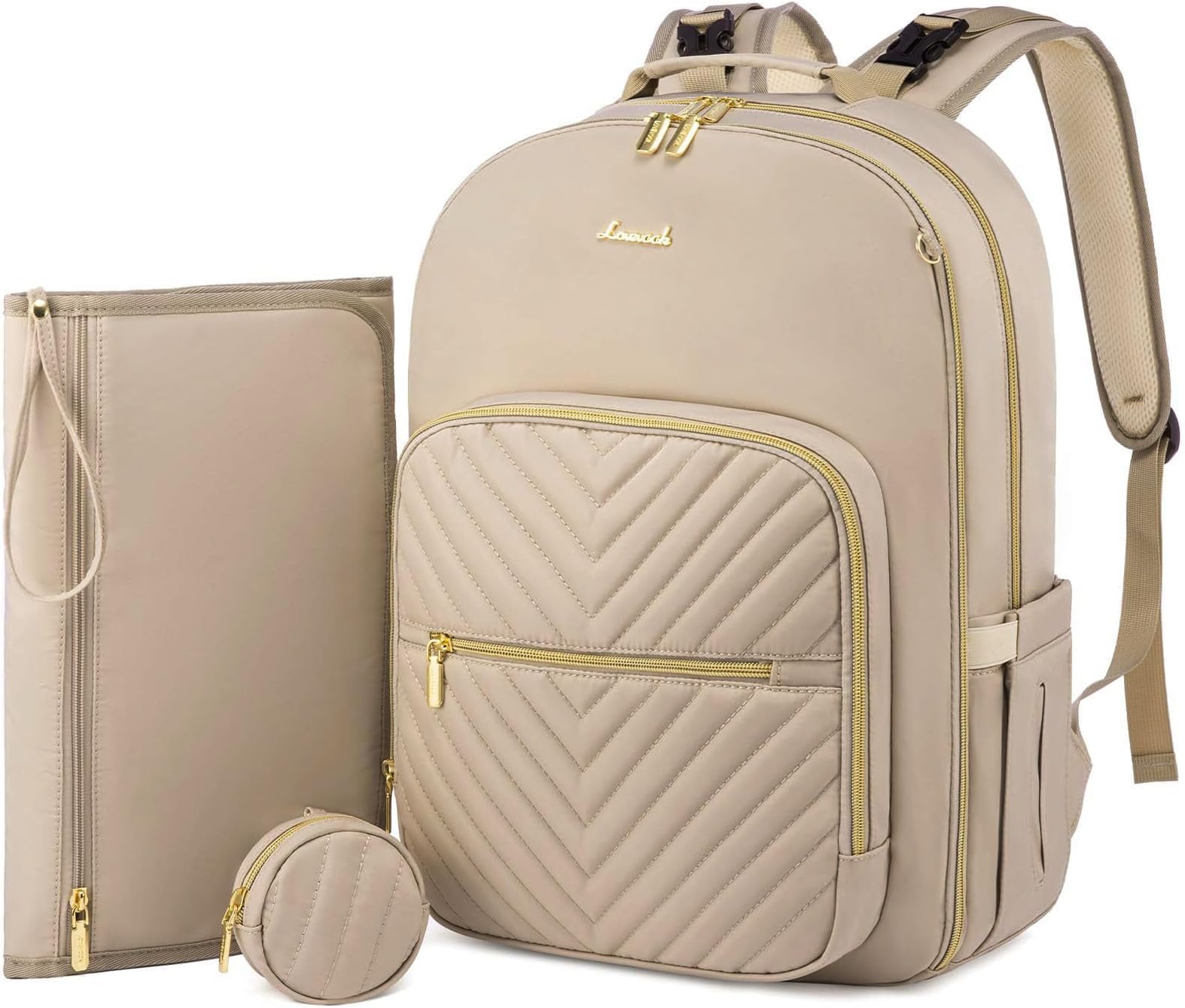 LOVEVOOK Diaper Bag Backpack, Quilted Baby Bag with Changing Pad & Pacifier Holder,Travel Diaper Bags with USB Charging Port, Antique White