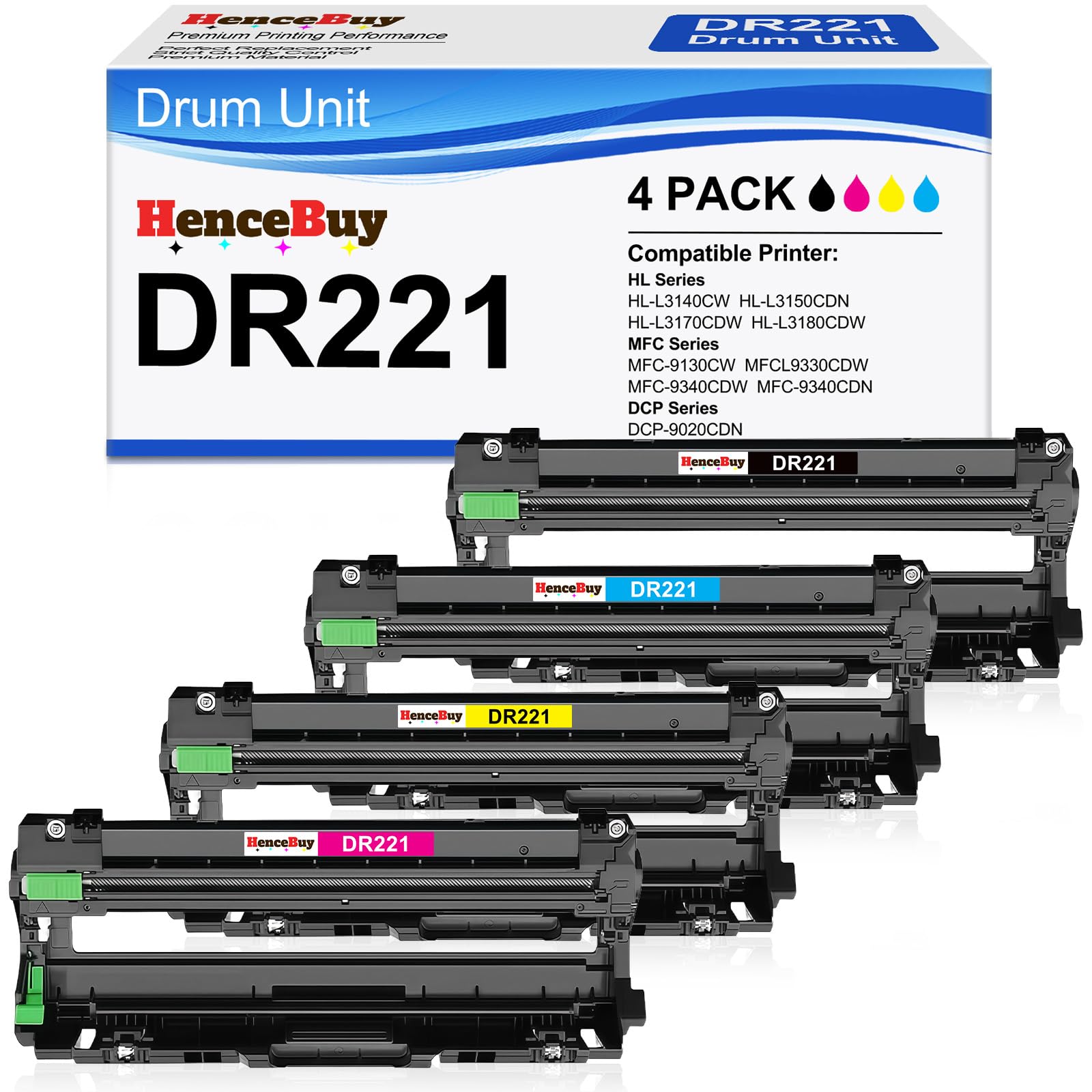 Photo 1 of HenceBuy DR221CL Drum Unit (Not Toner) 4-Pack Replacement for Brother DR221CL DR-221CL DR221 DR 221 CL for HL-3140CW HL-3170CDW HL-3180CDW MFC-9130CW MFC-9330CDW MFC-9340CDW DCP-9020CDN Printer