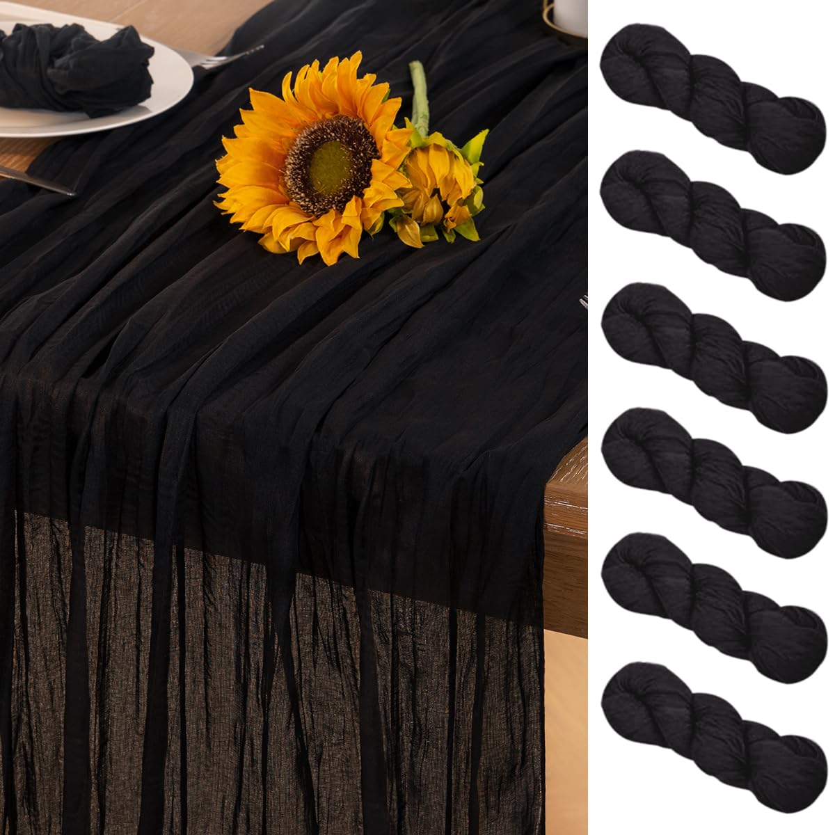 DeZerlor Black Halloween Table Runner 6 Pack Black Cheesecloth Table Runners 120 Inches Boho Gauze Fall Table Decorations for Halloween Wedding Bridal Baby Shower Party Decor