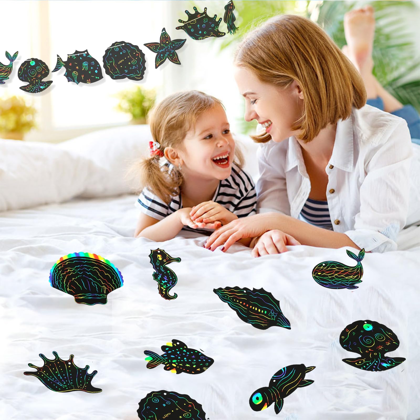 PEUTIER 40pcs Cartes à Gratter Animaux Océaniques, Cartes à Gratter Animaux Marins Avec 20pcs Bâtons En Bois Et 40pcs Cordes Pour Décorations Loisirs Et Divertissement