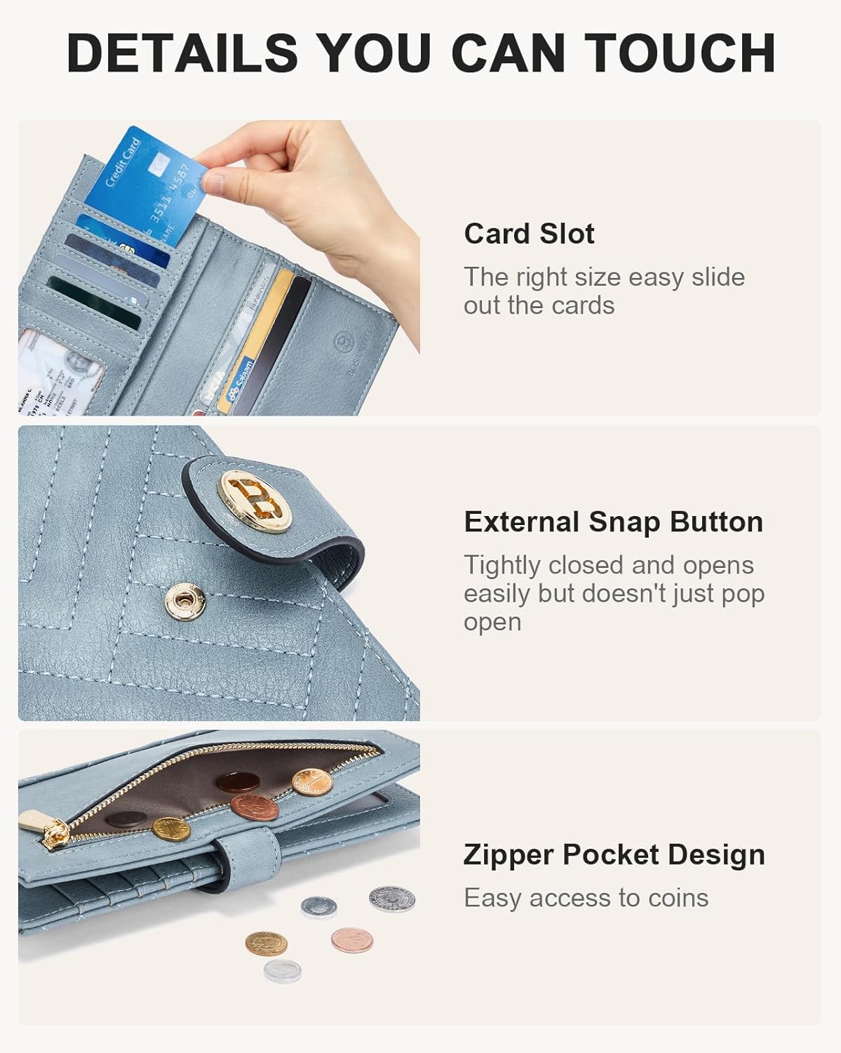 BOSTANTEN Slim Wallet Women Leather RFID Blocking Credit Card Holder Bifold Thin Wallet with Zipper Pocket Light Blue - Image 3