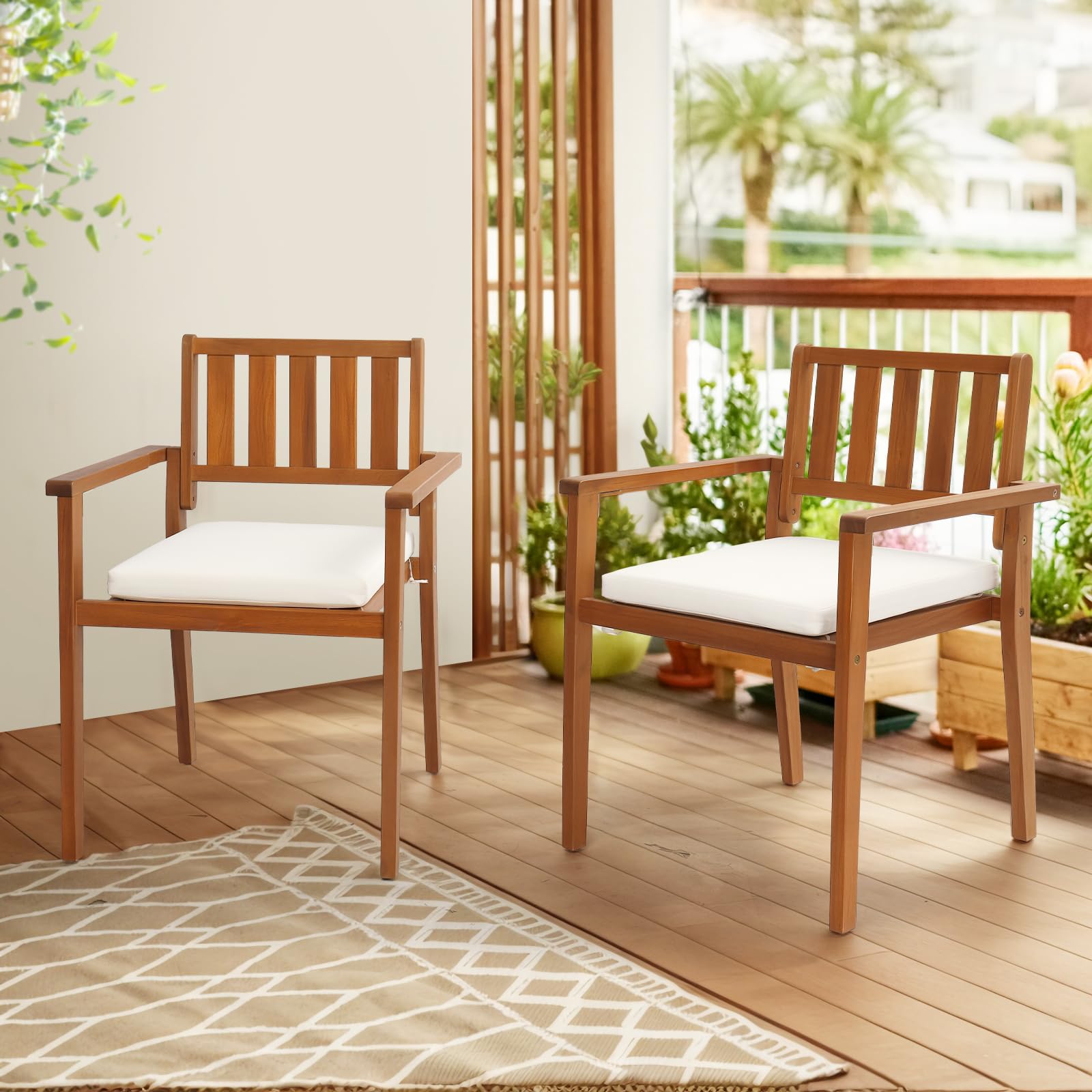 VINGLI Set Of 4 Stackable Acacia Wood Patio Dining Chairs - With Cushions & Armrests, For Outdoor, Garden, Porch, Balcony, Poolside