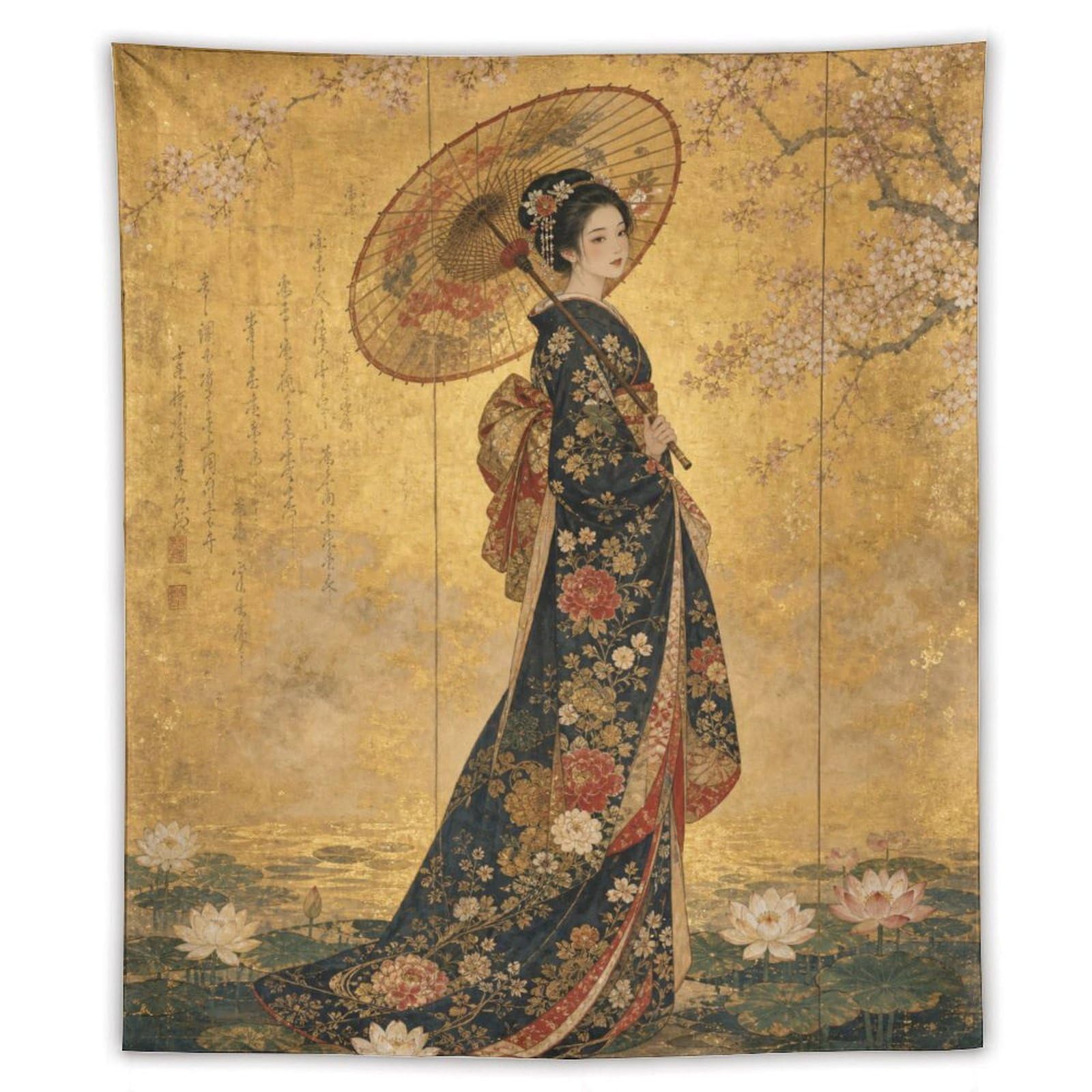 W7C8U2X3 Woman in Floral Kimono Wall Tapestry, Ukiyo-e Style, Sofa Area
