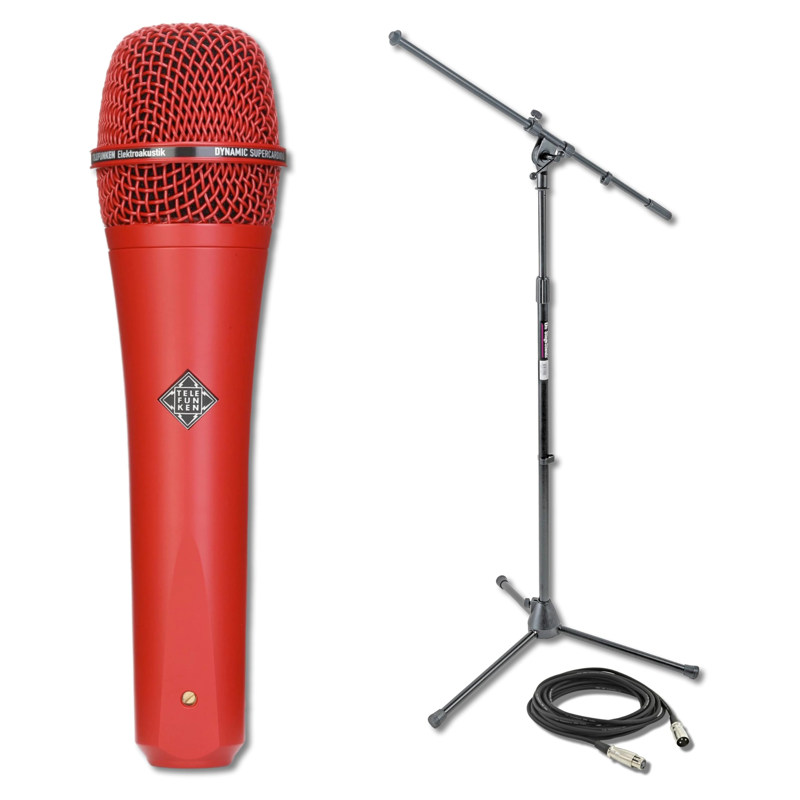 Telefunken M80 Red Dynamic Handheld Vocal Microphone with On-Stage MS7701B Boom Microphone Stand and Professional Grade XLR Cable