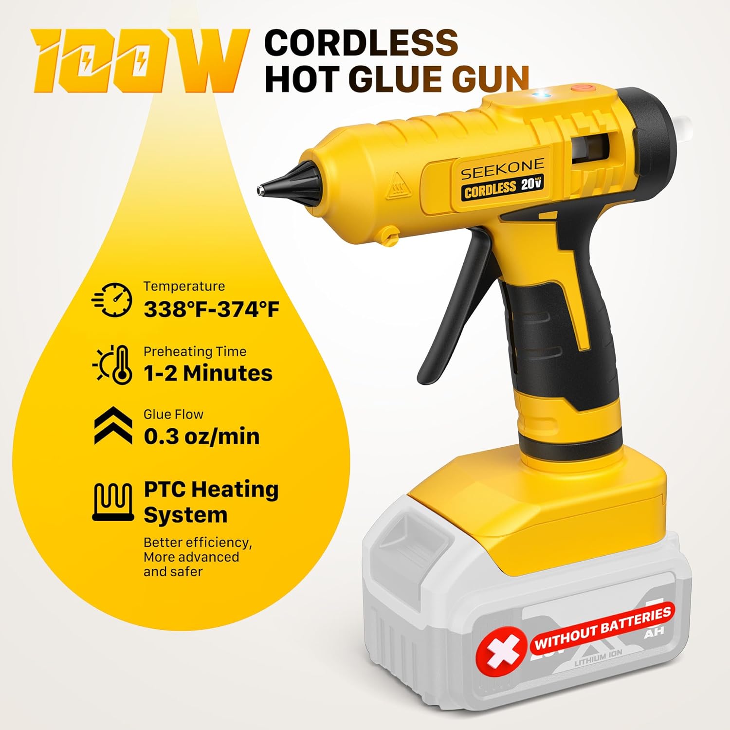 Diagram illustrating the 100W cordless hot glue gun's features including temperature, preheating time, glue flow, and PTC heating system.