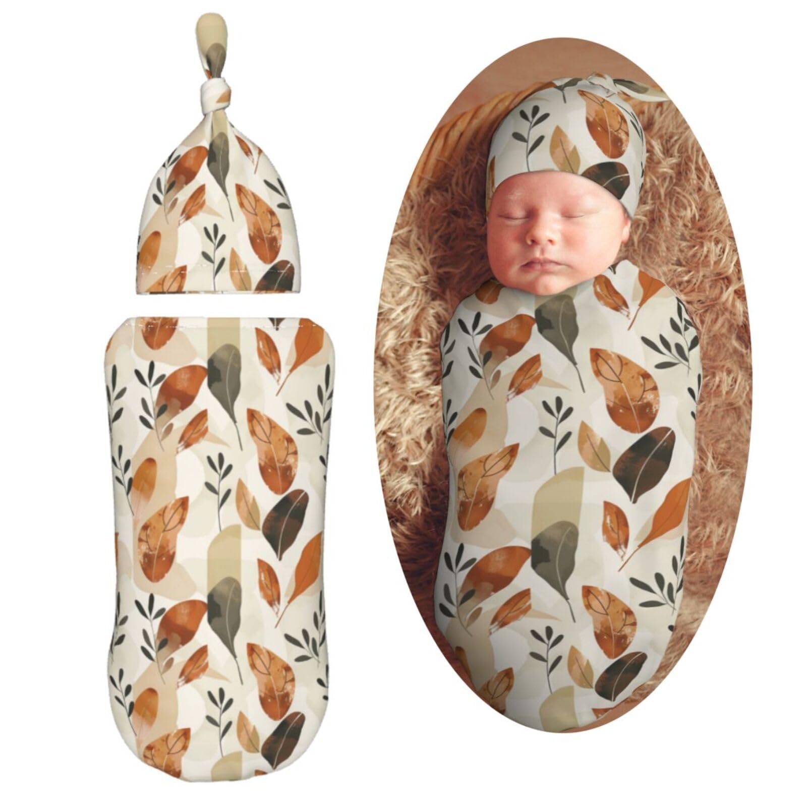 Art Desert Leaf Newborn Swaddle Blankets Hat Sets Soft Baby Receiving Blanket Swaddle Sack for Baby Shower Infant Boy Girl Gift