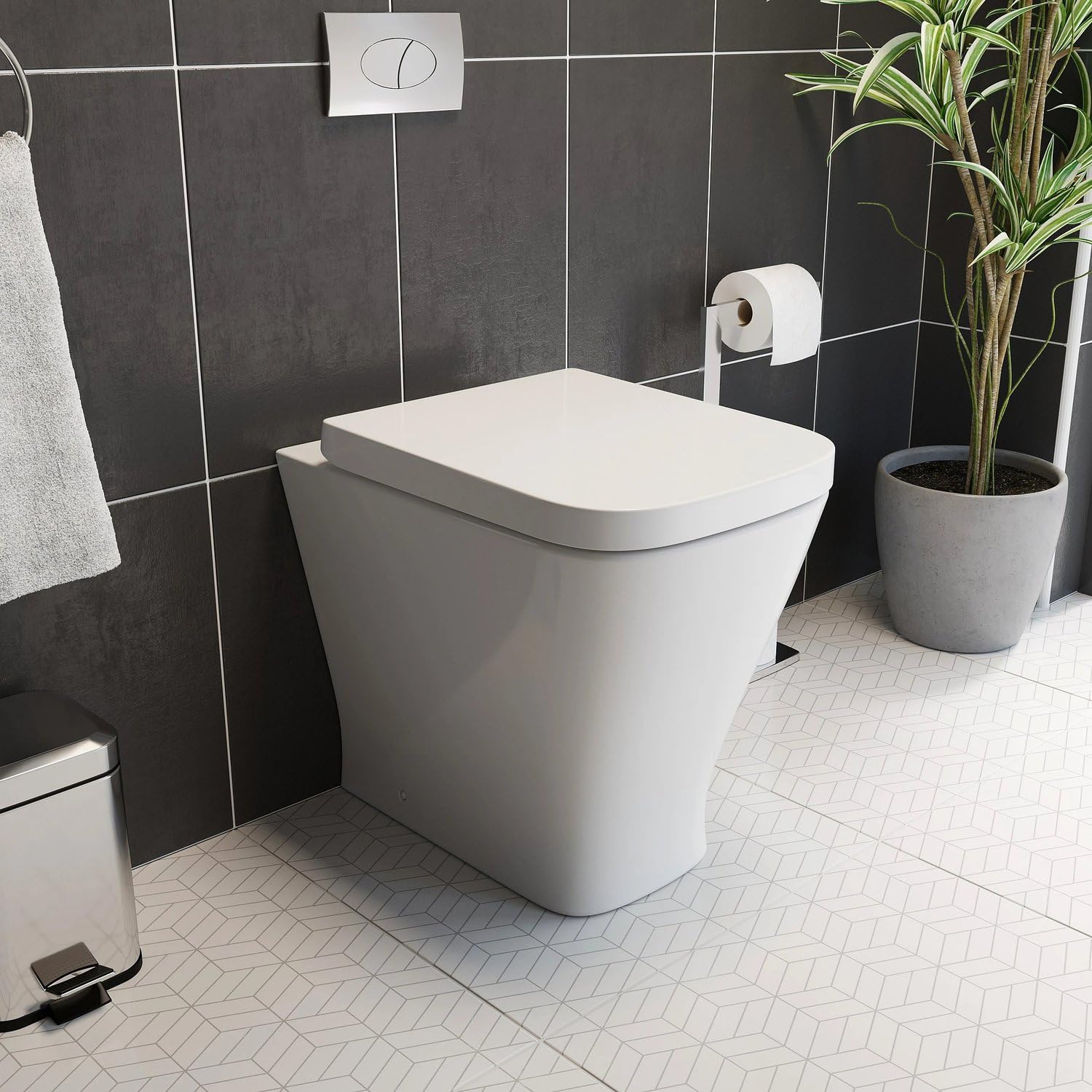 Affine® Marseille Modern Bathroom Cloakroom Back to Wall BTW Rimless Toilet Space Saving WC Toilets, Soft Close Top Fix Seat, Dual Flush Cistern, Square Shape Pan, Ceramic, White Gloss