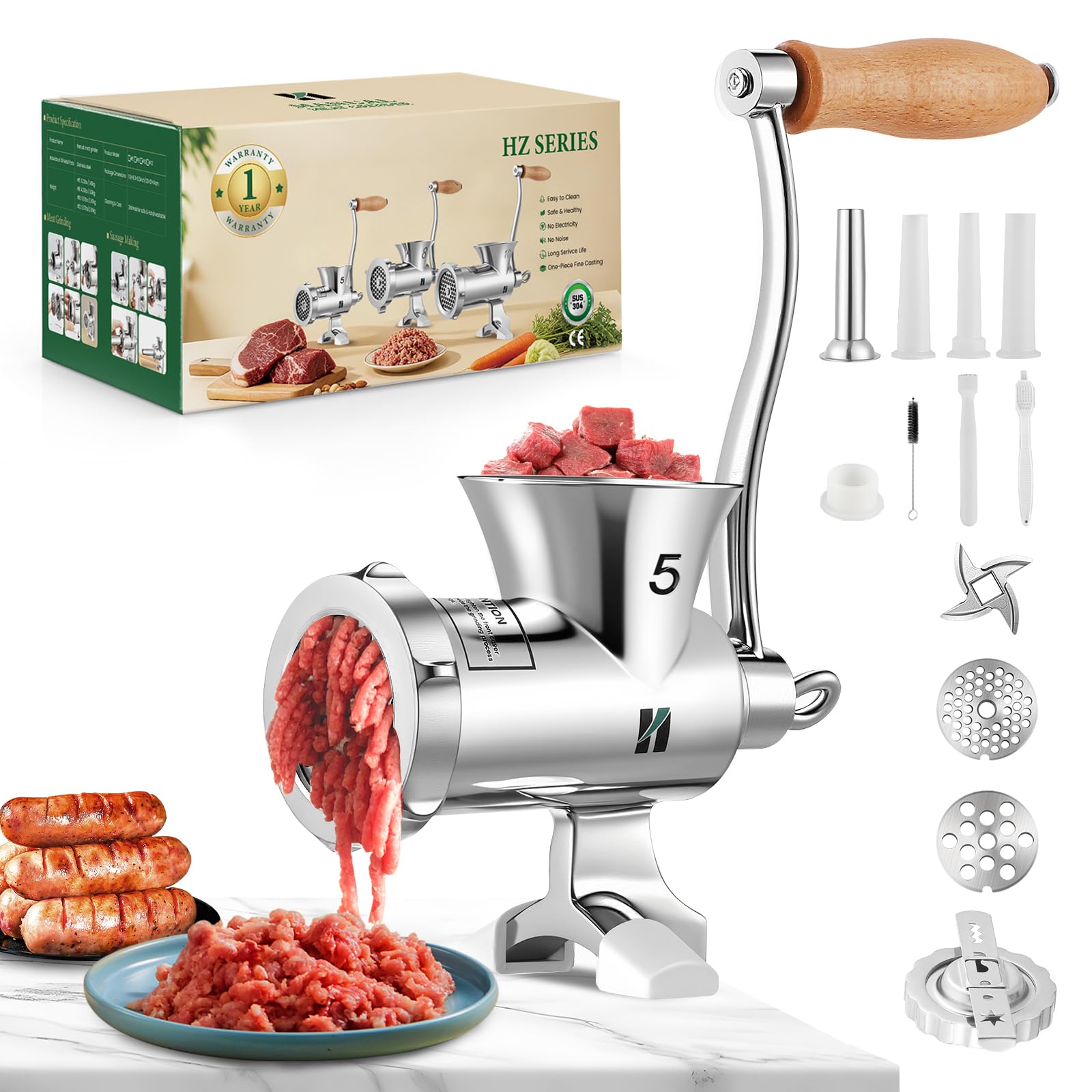 Huanyu Picadora de carne manual de acero inoxidable con embutidor de salchichas y accesorio para galletas. Picadora de carne manual apta para lavavajillas (n.º 5)